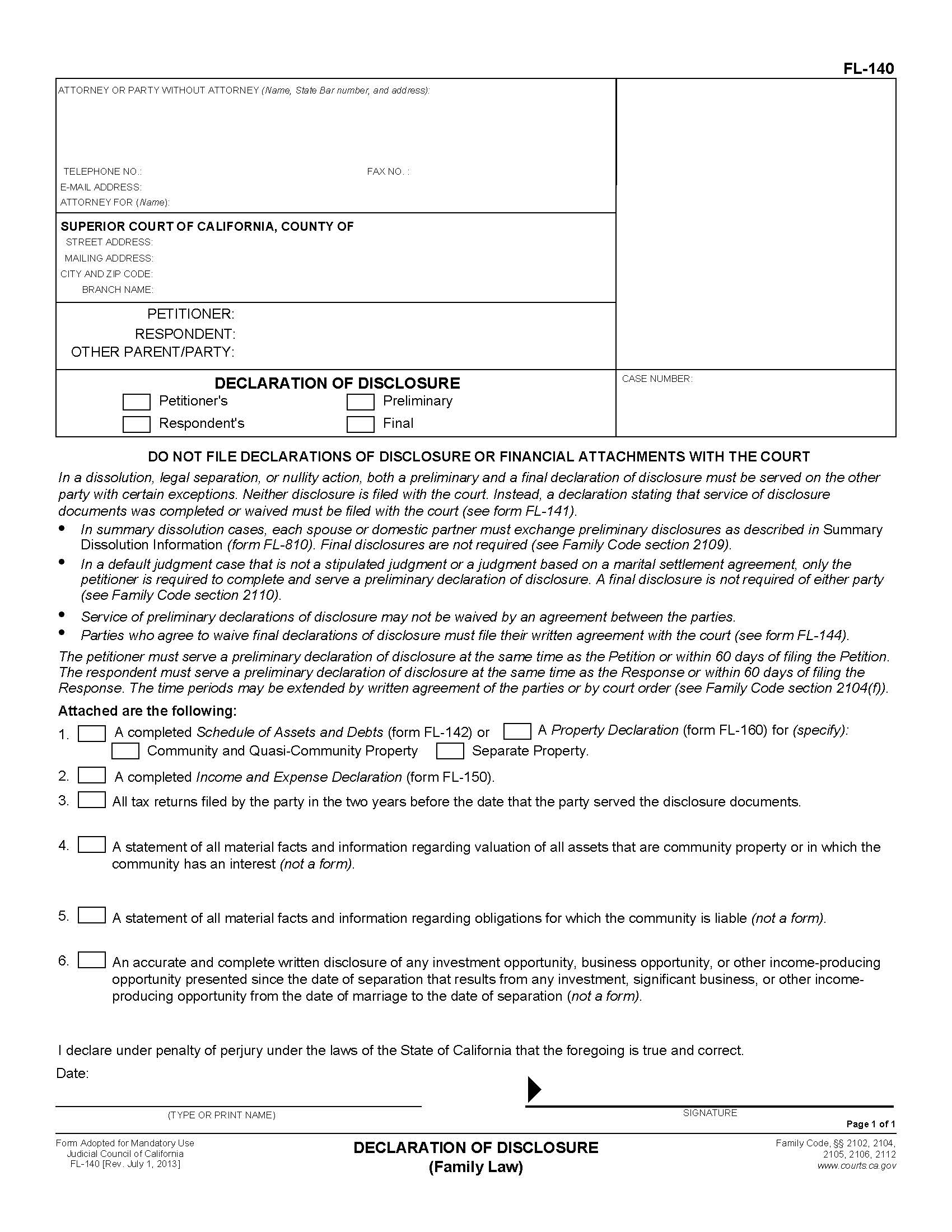Declaration Of Disclosure (Family Law) {FL-140} | Pdf Fpdf Doc Docx | California