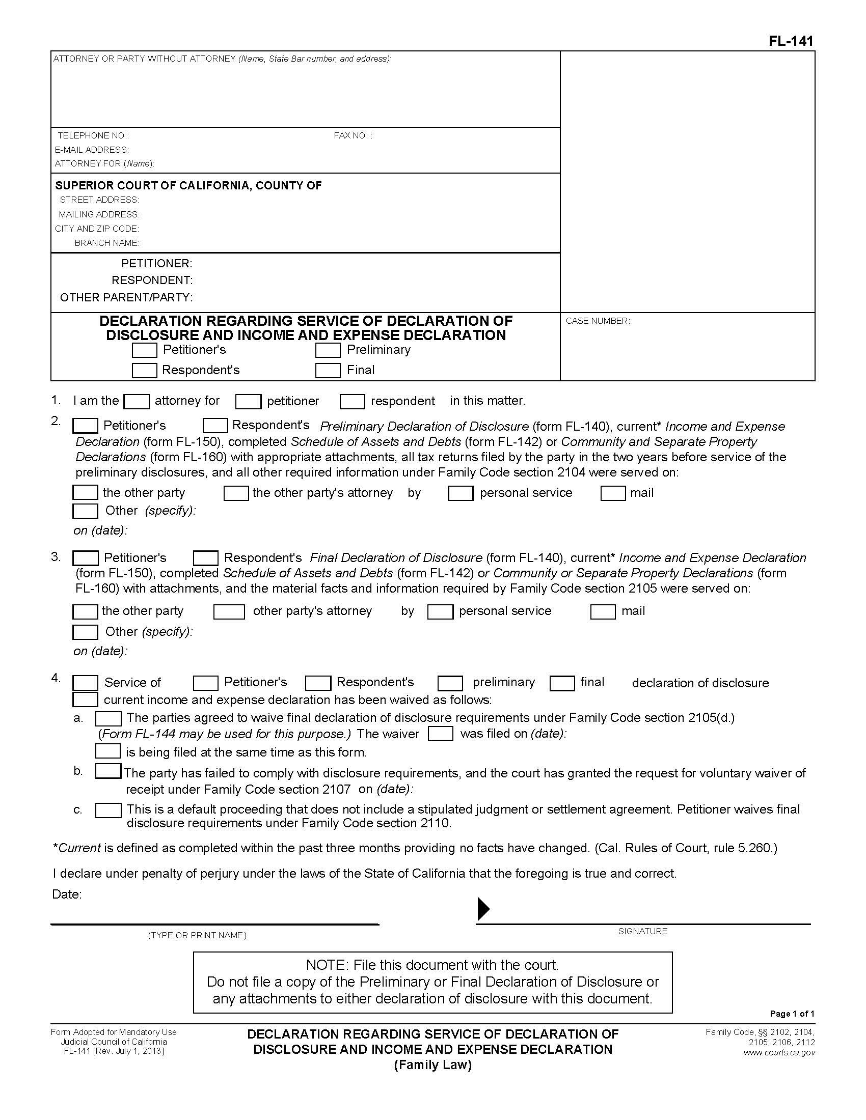 Declaration Regarding Service Of Declaration Of Disclosure And Income And Expense Declaration {FL-141} | Pdf Fpdf Doc Docx | California