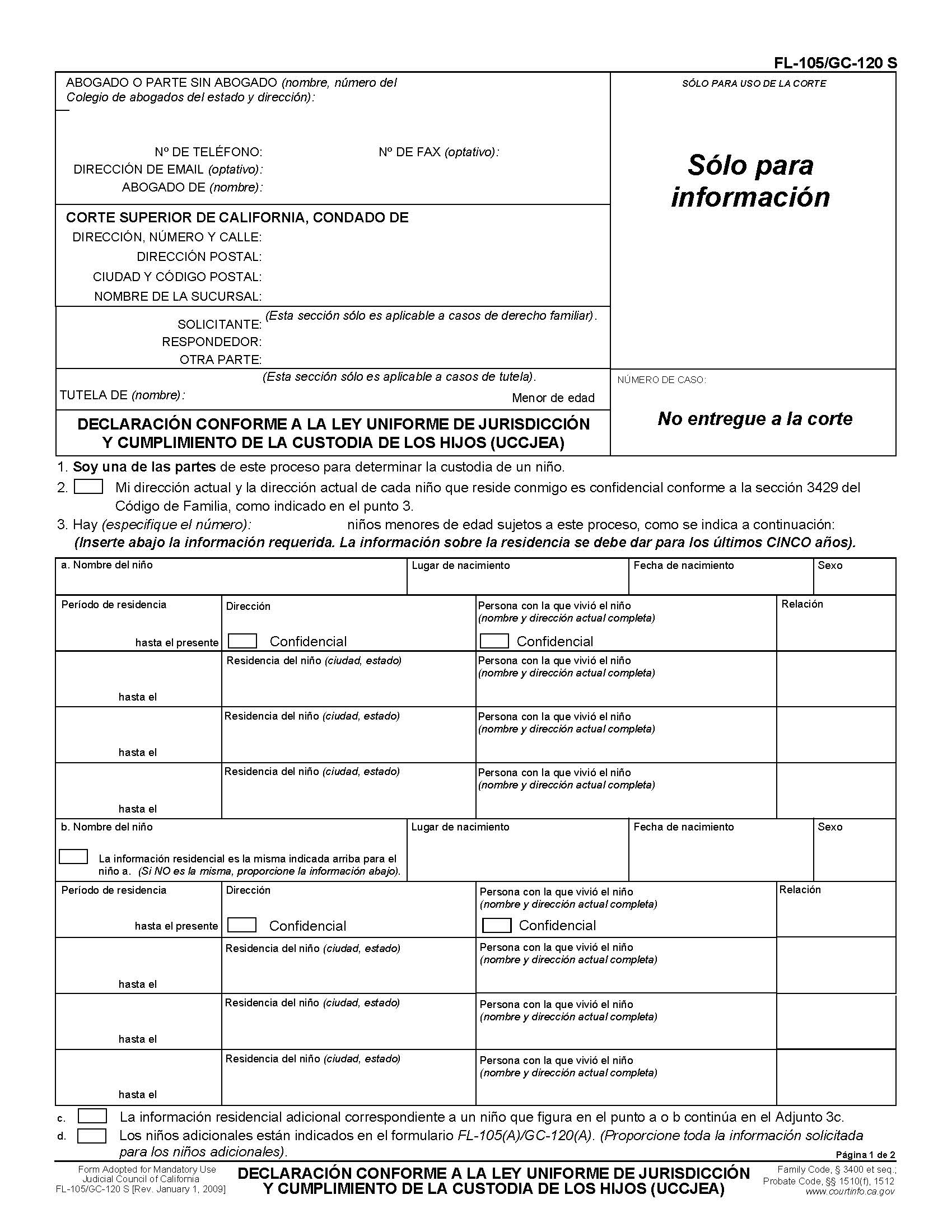 Declaration Under Uniform Child Custody Jurisdiction And Enforcement Act (Spanish) {FL-105 S GC-120 S} | Pdf Fpdf Docx | California