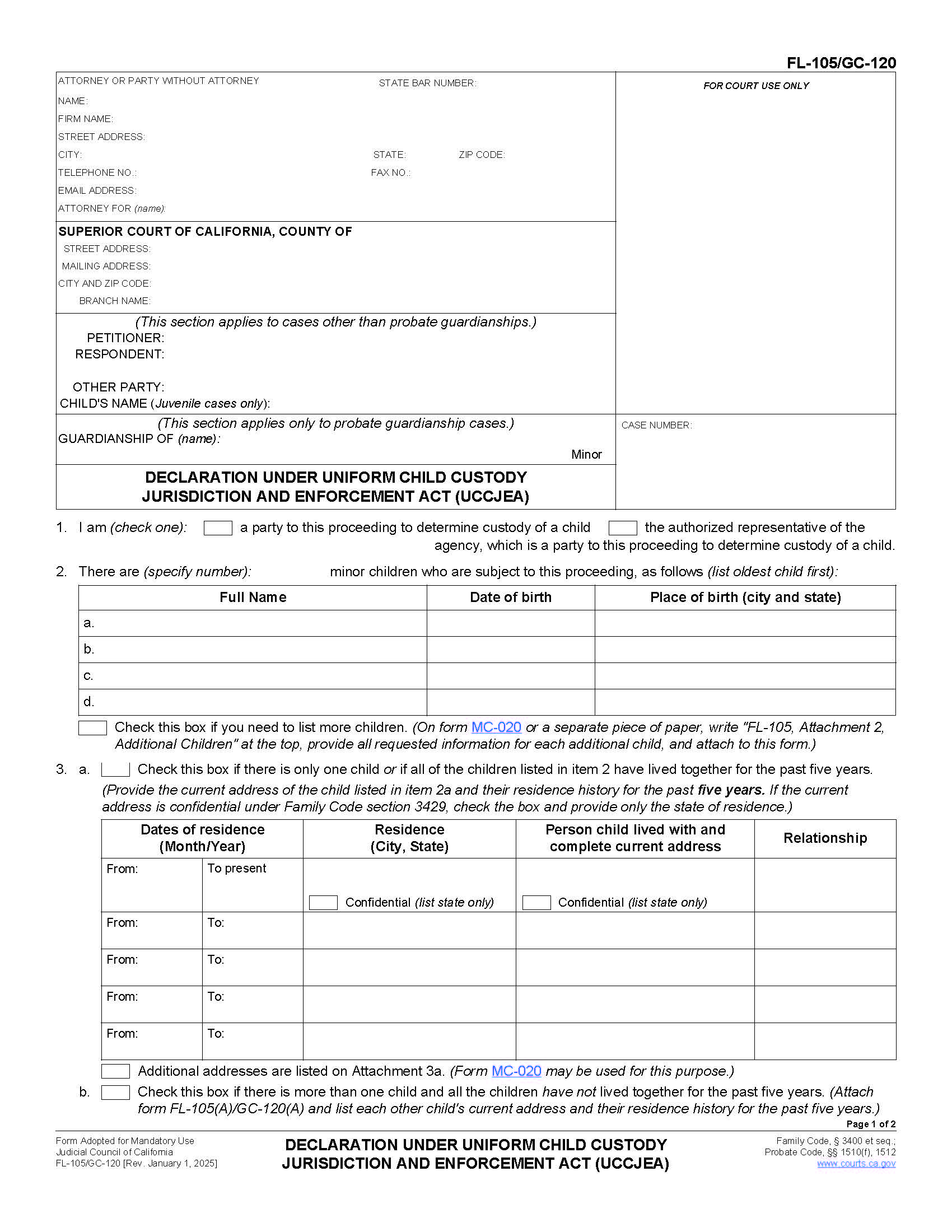 Declaration Under Uniform Child Custody Jurisdiction And Enforcement Act (UCCJEA) {FL-105 GC-120} | Pdf Fpdf Doc Docx | California