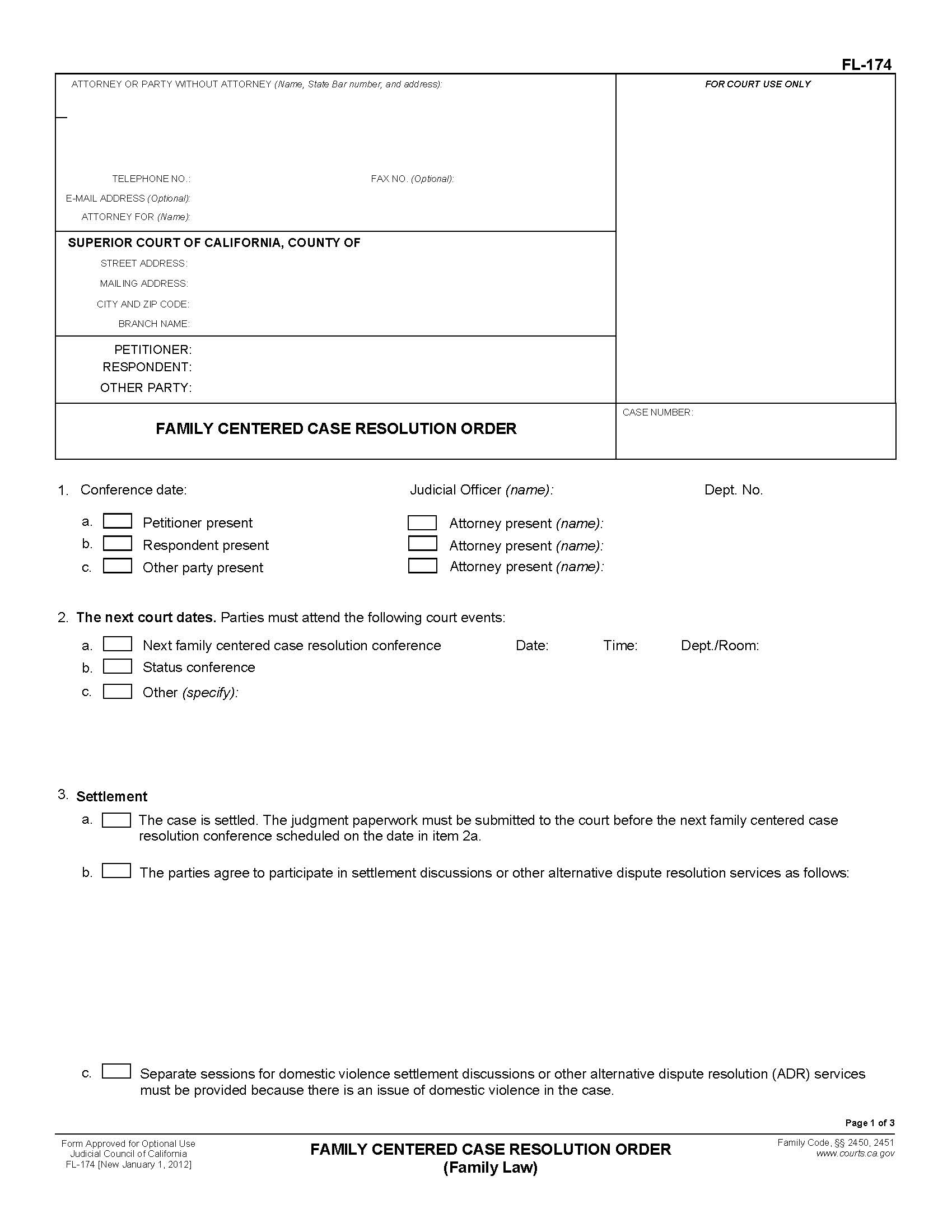 Family Centered Case Resolution {FL-174} | Pdf Fpdf Doc Docx | California