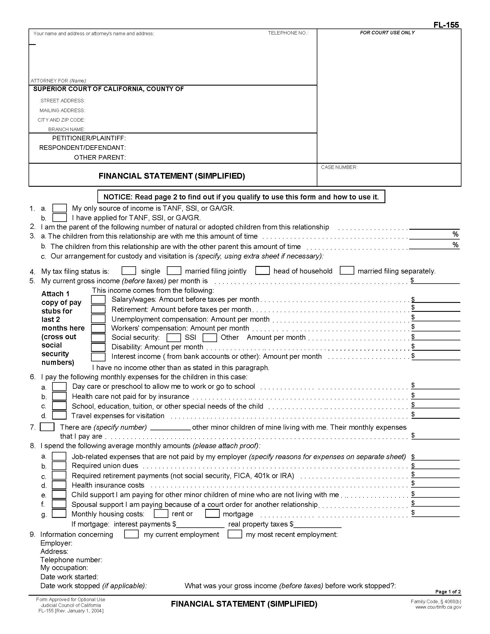 Financial Statement (Simplified) {FL-155} | Pdf Fpdf Doc Docx | California