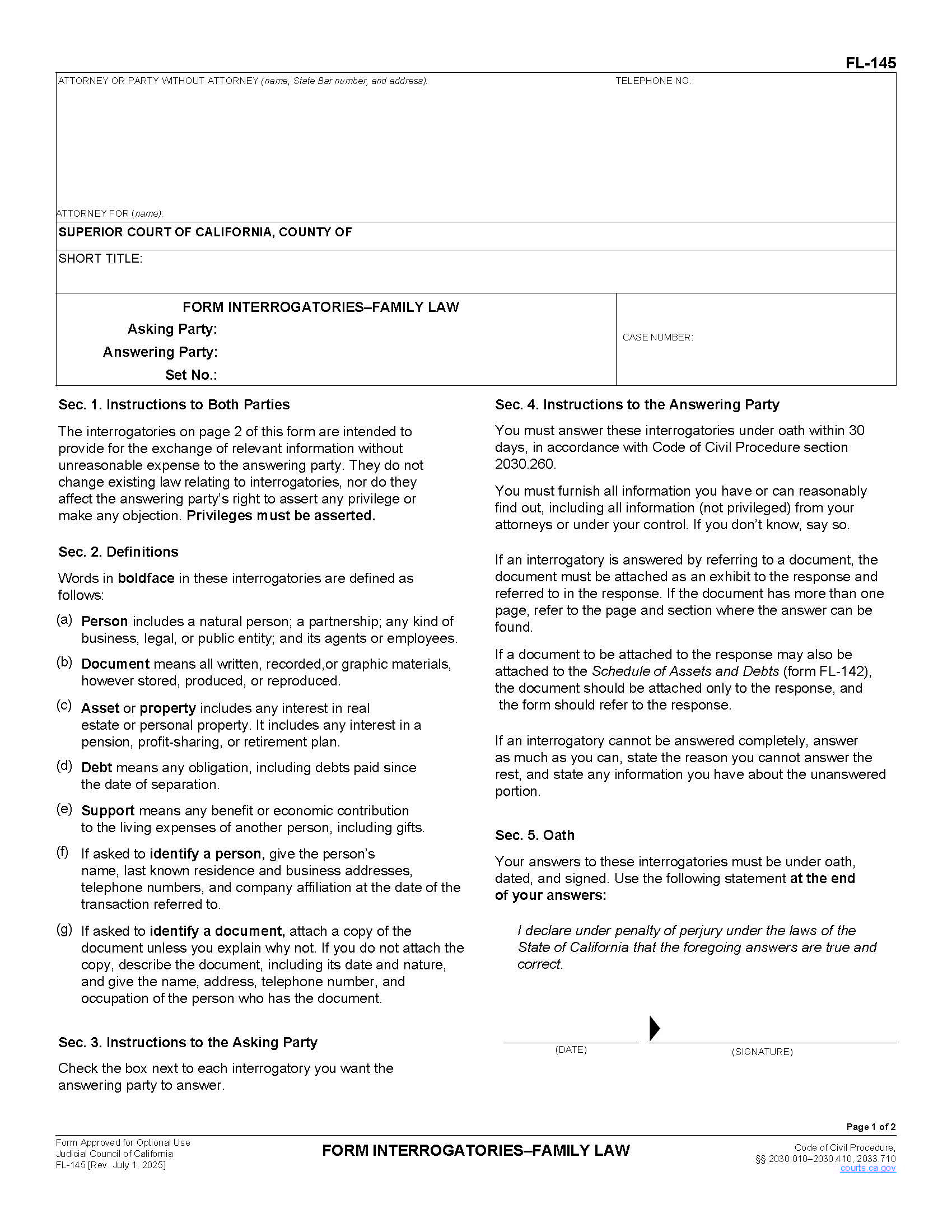 Form Interrogatories (Family Law) {FL-145} | Pdf Fpdf Doc Docx | California