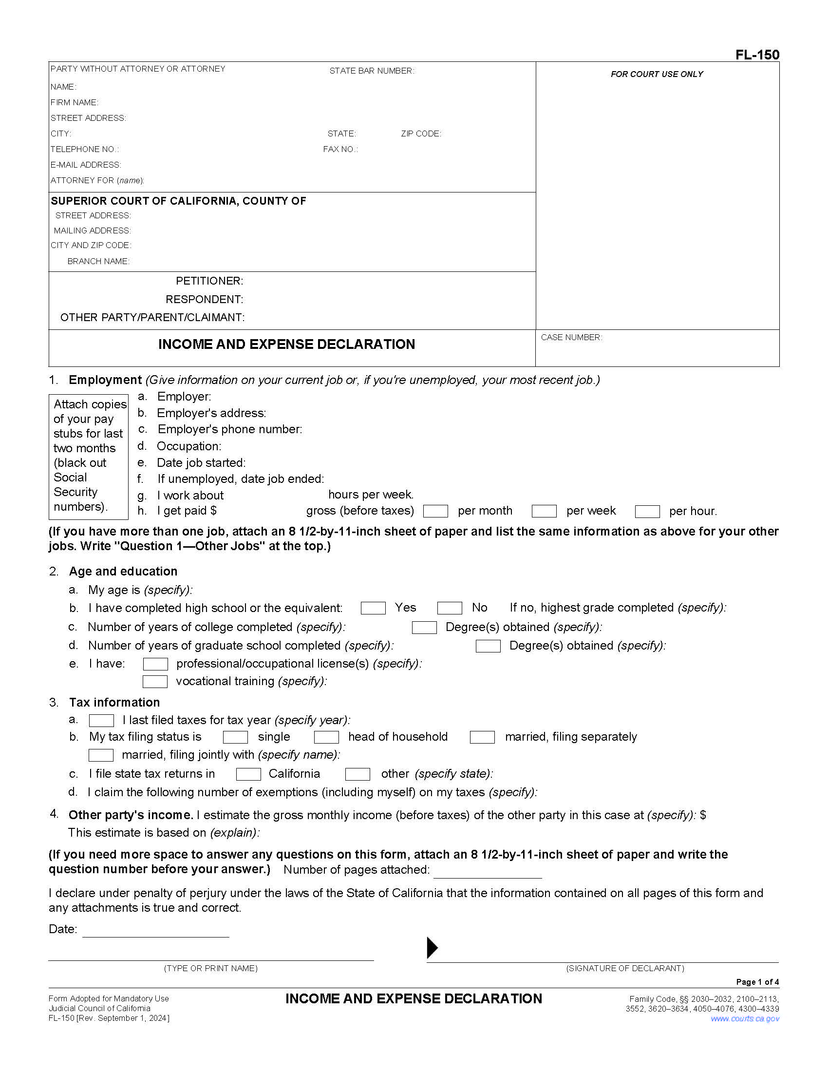 Income And Expense Declaration {FL-150} | Pdf Fpdf Docx | California