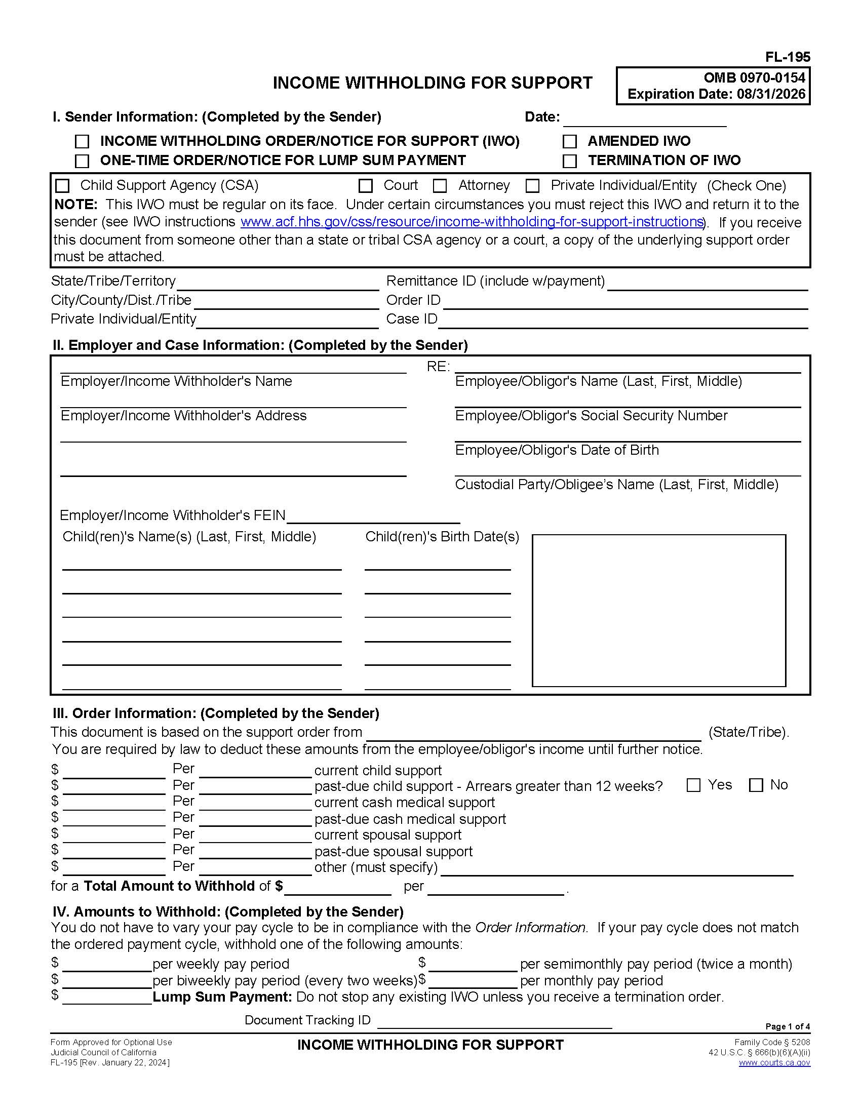 Income Withholding For Support {FL-195} | Pdf Fpdf Docx | California
