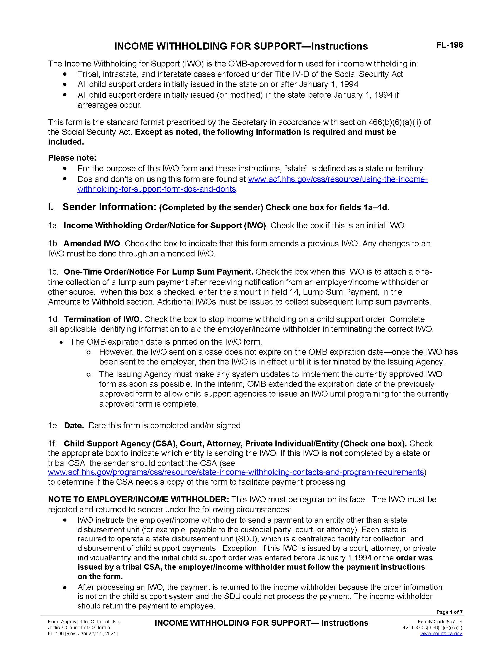 Income Withholding For Support-Instructions {FL-196} | Pdf Fpdf Docx | California