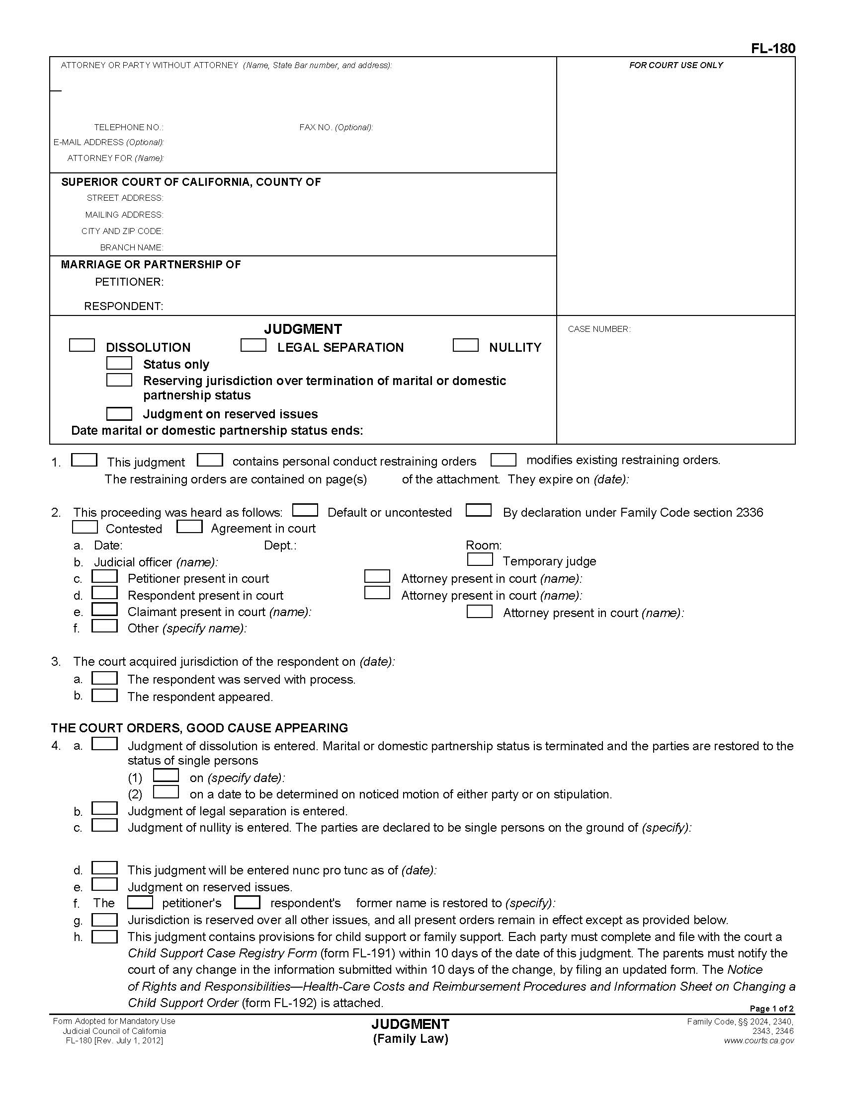 Judgment (Family Law) {FL-180} | Pdf Fpdf Doc Docx | California
