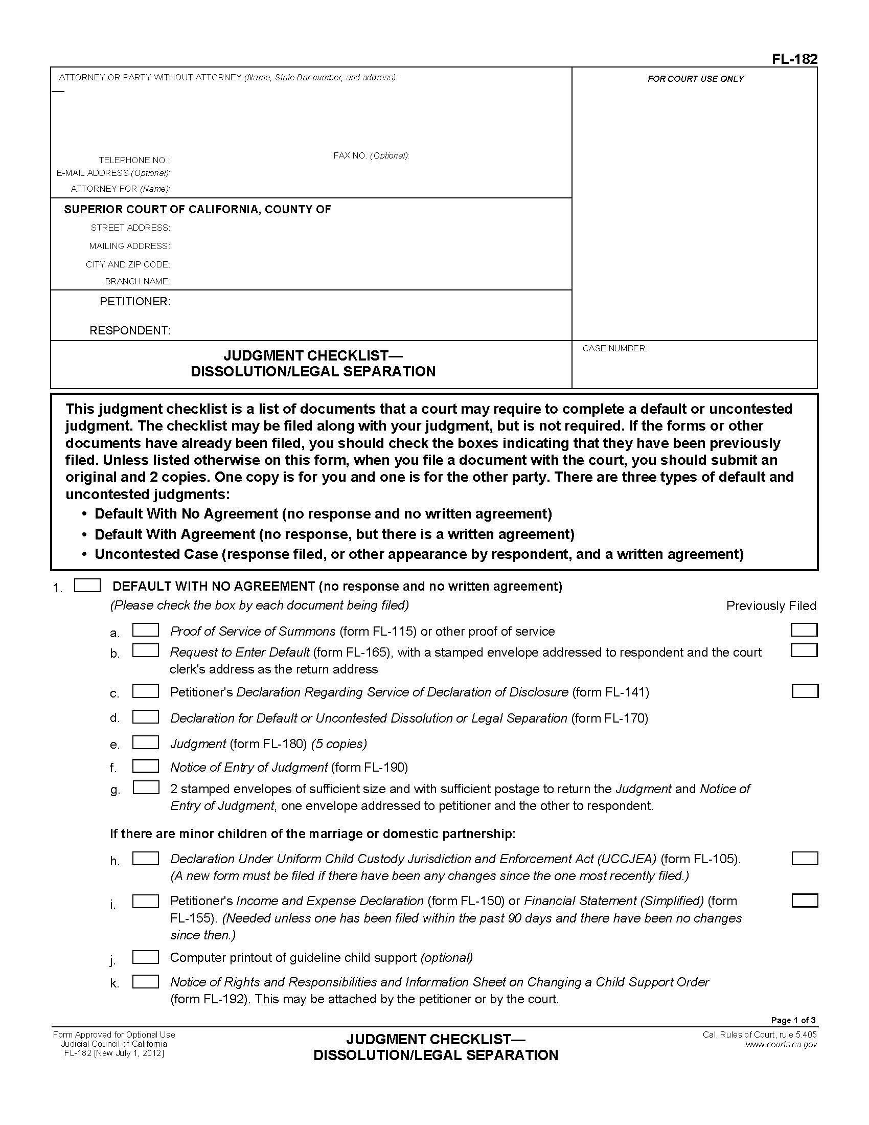 Judgment Checklist-Dissolution-Legal Separation {FL-182} | Pdf Fpdf Doc Docx | California
