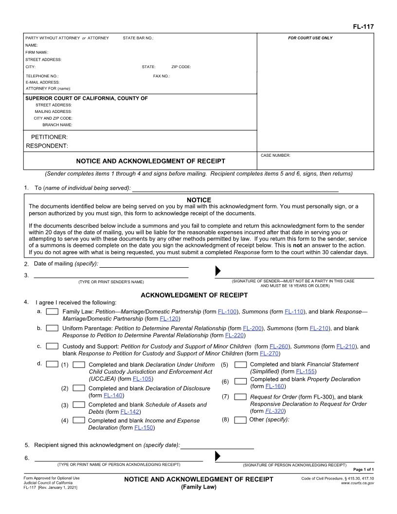 Notice And Acknowledgment Of Receipt {FL-117} | Pdf Fpdf Docx | California