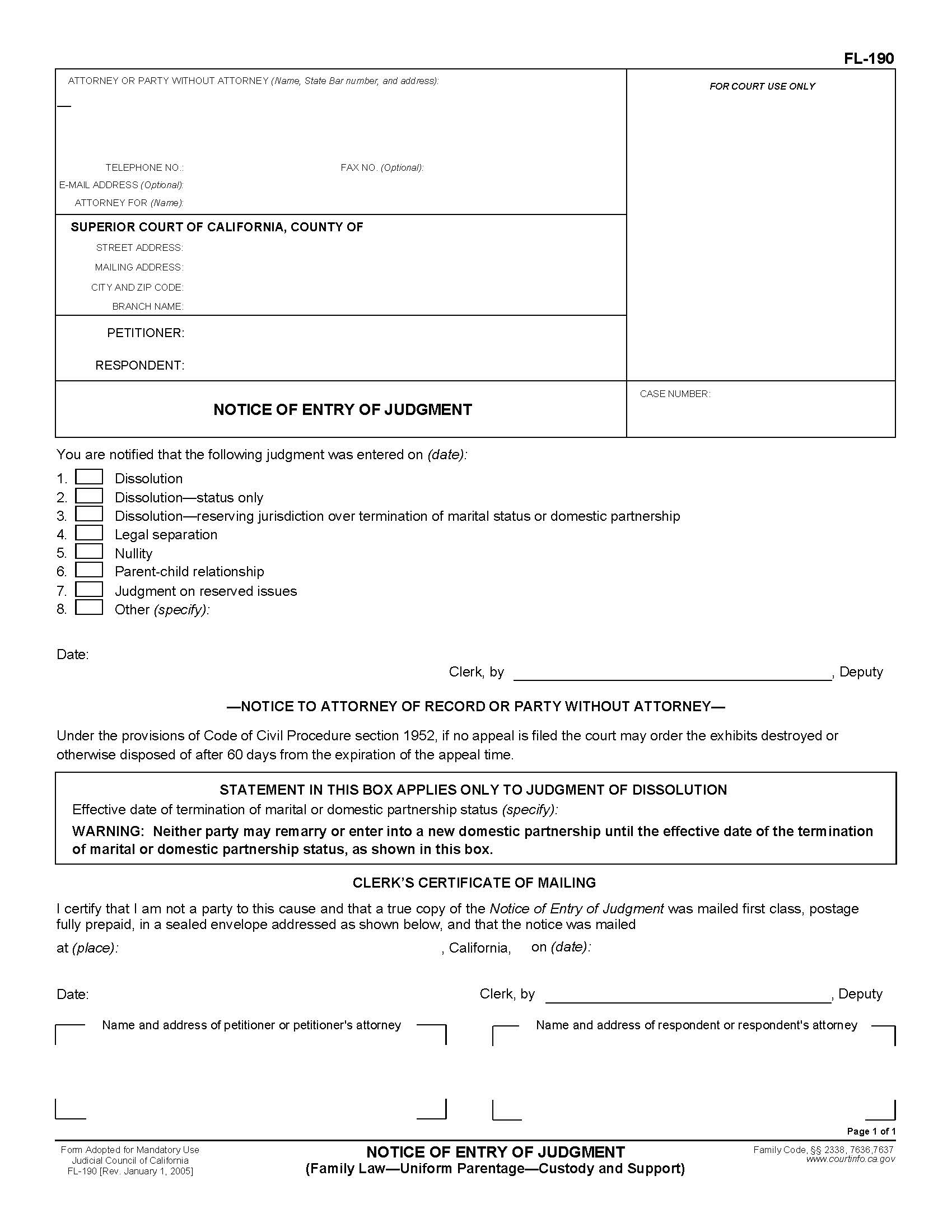 Notice Of Entry Of Judgment (Family Law-Uniform Parentage-Custody And Support) {FL-190} | Pdf Fpdf Doc Docx | California