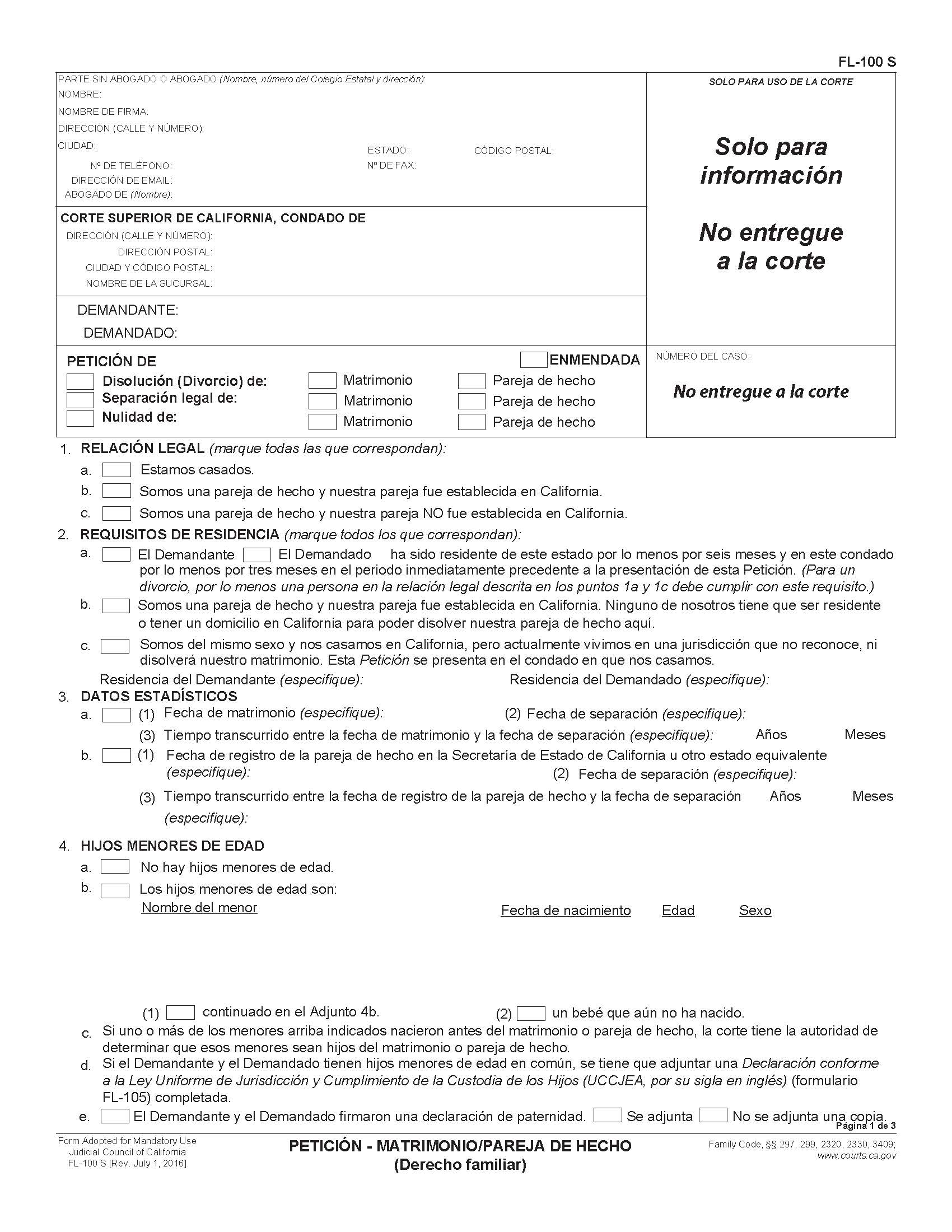 Petition Marriage Domestic Partnership (Spanish) {FL-100 S} | Pdf Fpdf Docx | California