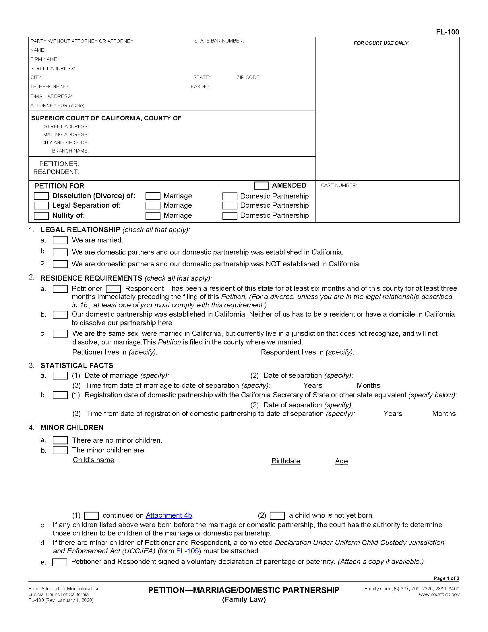 Petition-Marriage-Domestic Partnership {FL-100} | Pdf Fpdf Docx | California