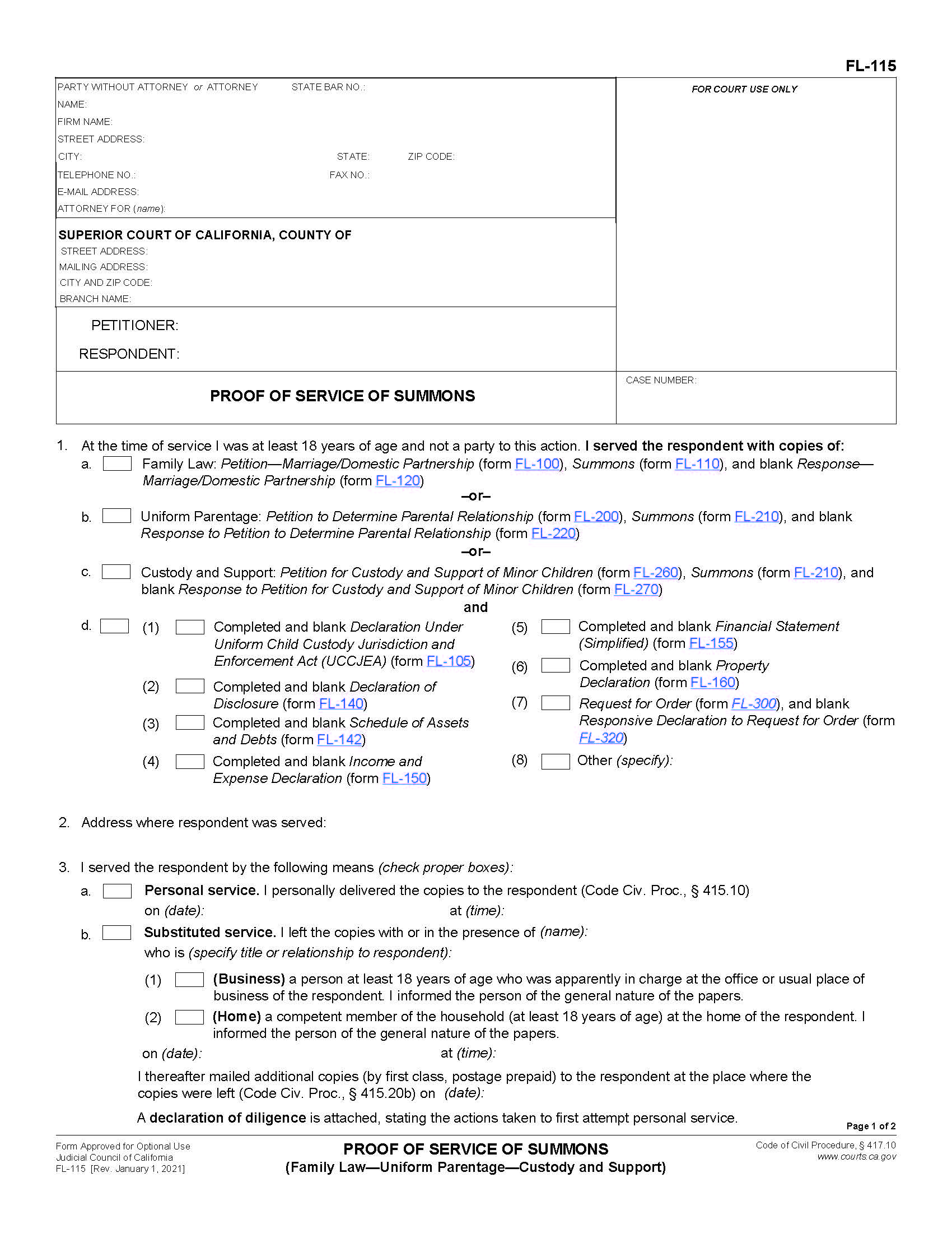 Proof Of Service Of Summons {FL-115} | Pdf Fpdf Doc Docx | California