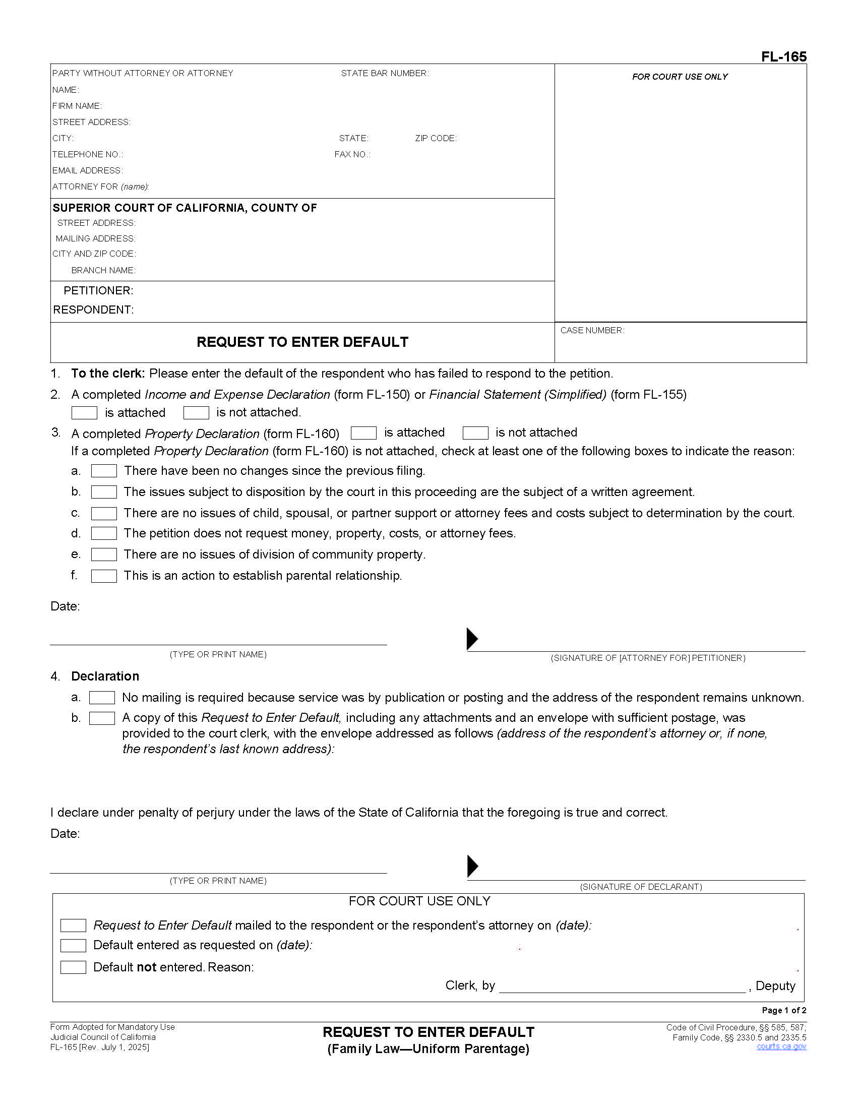 Request To Enter Default (Family Law-Uniform Parentage) {FL-165} | Pdf Fpdf Docx | California