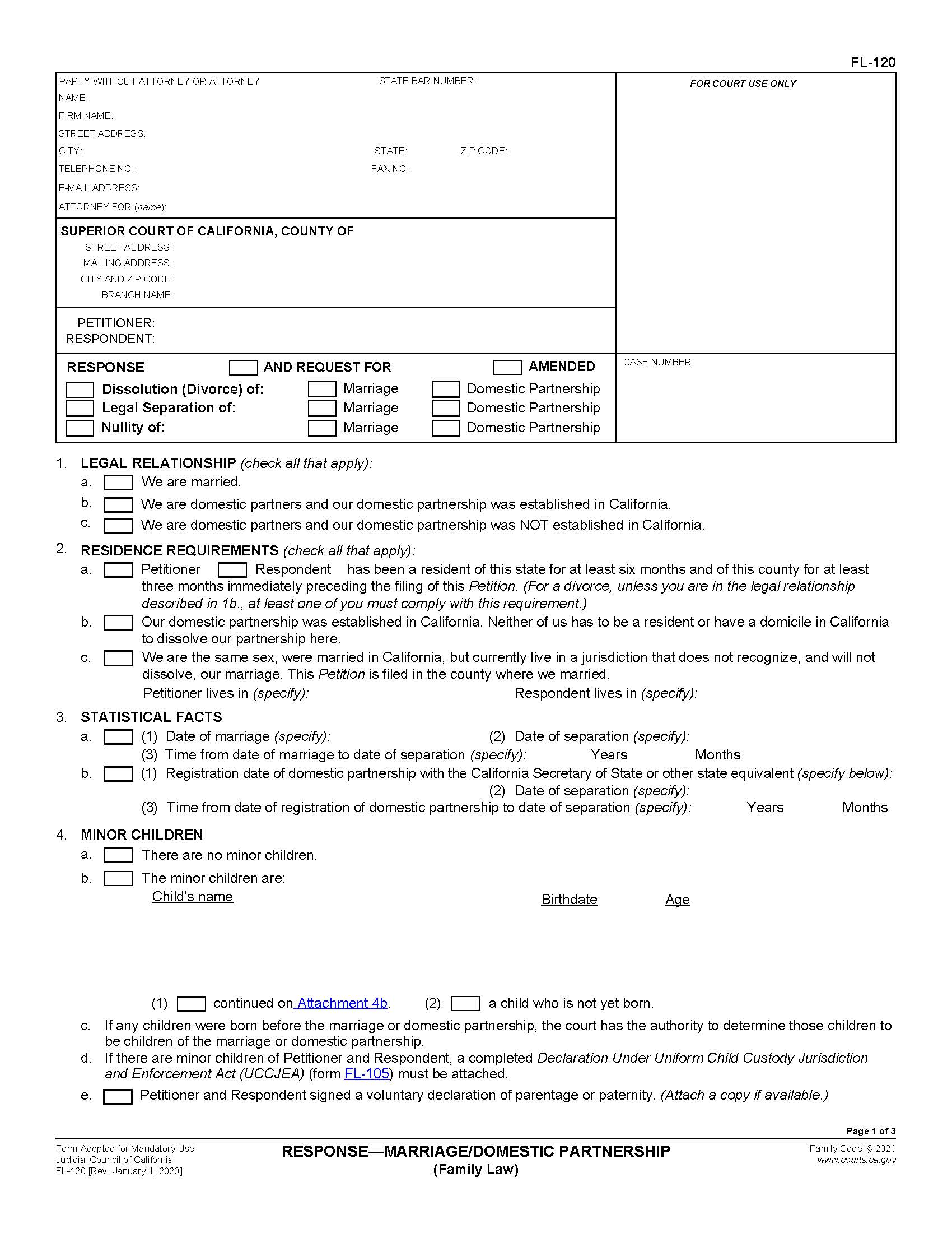 Response-Marriage-Domestic Partnership {FL-120} | Pdf Fpdf Docx | California
