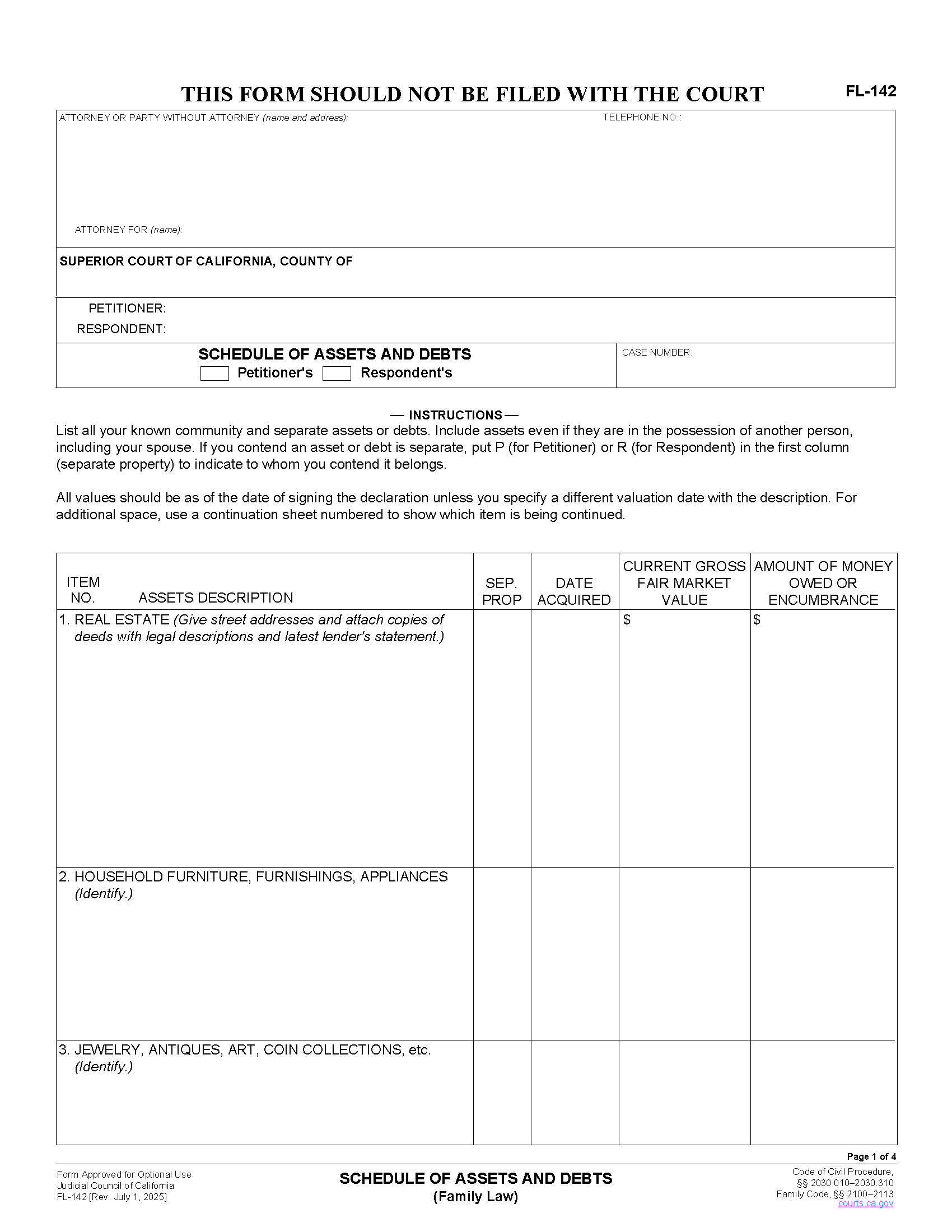 Schedule Of Assets And Debts (Family Law) {FL-142} | Pdf Fpdf Doc Docx | California