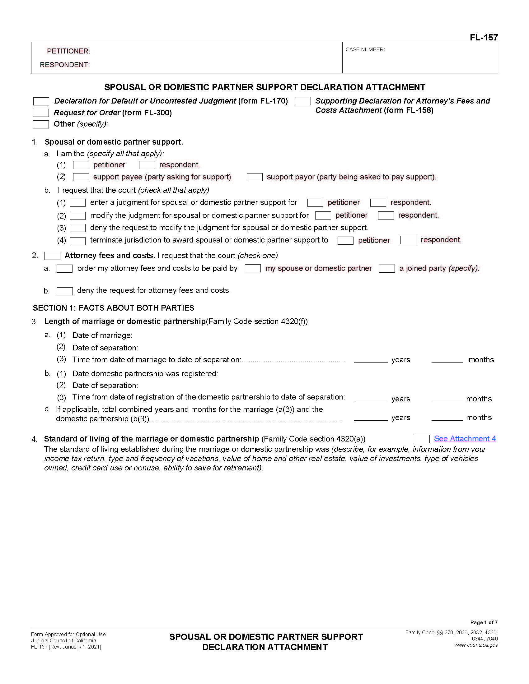 Spousal Or Domestic Partner Support Declaration Attachment {FL-157} | Pdf Fpdf Doc Docx | California