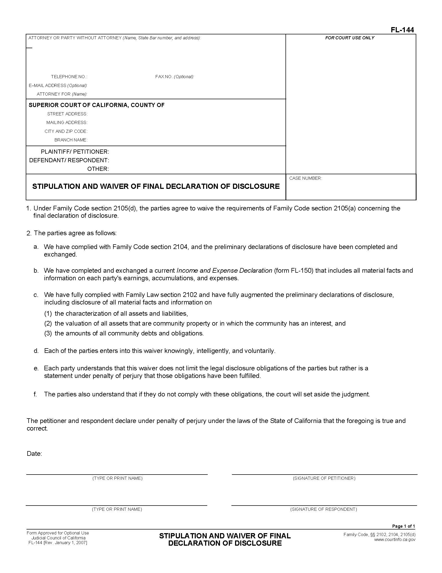 Stipulation And Waiver Of Final Declaration Of Disclosure {FL-144} | Pdf Fpdf Doc Docx | California
