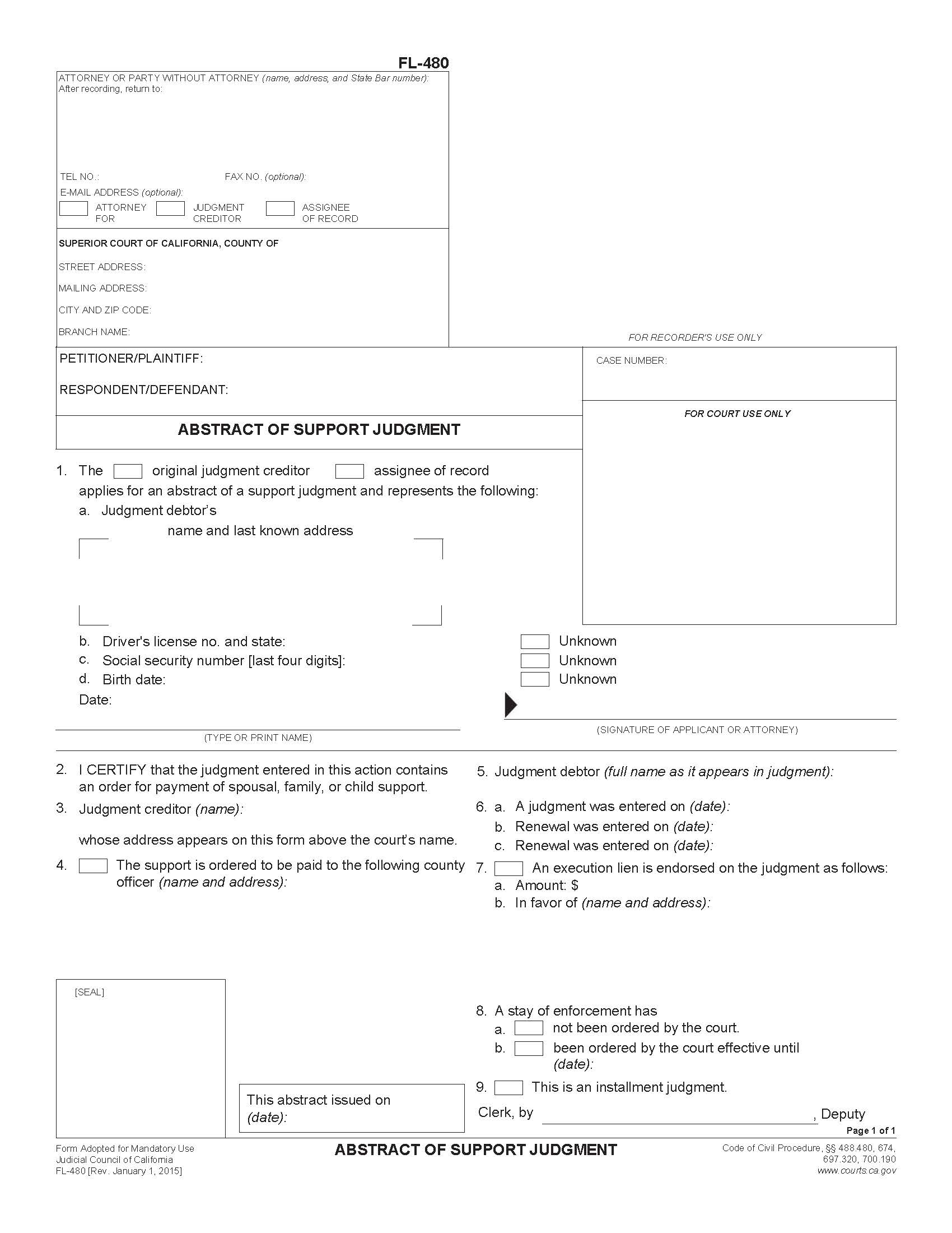 Abstract Of Support Judgment {FL-480} | Pdf Fpdf Doc Docx | California