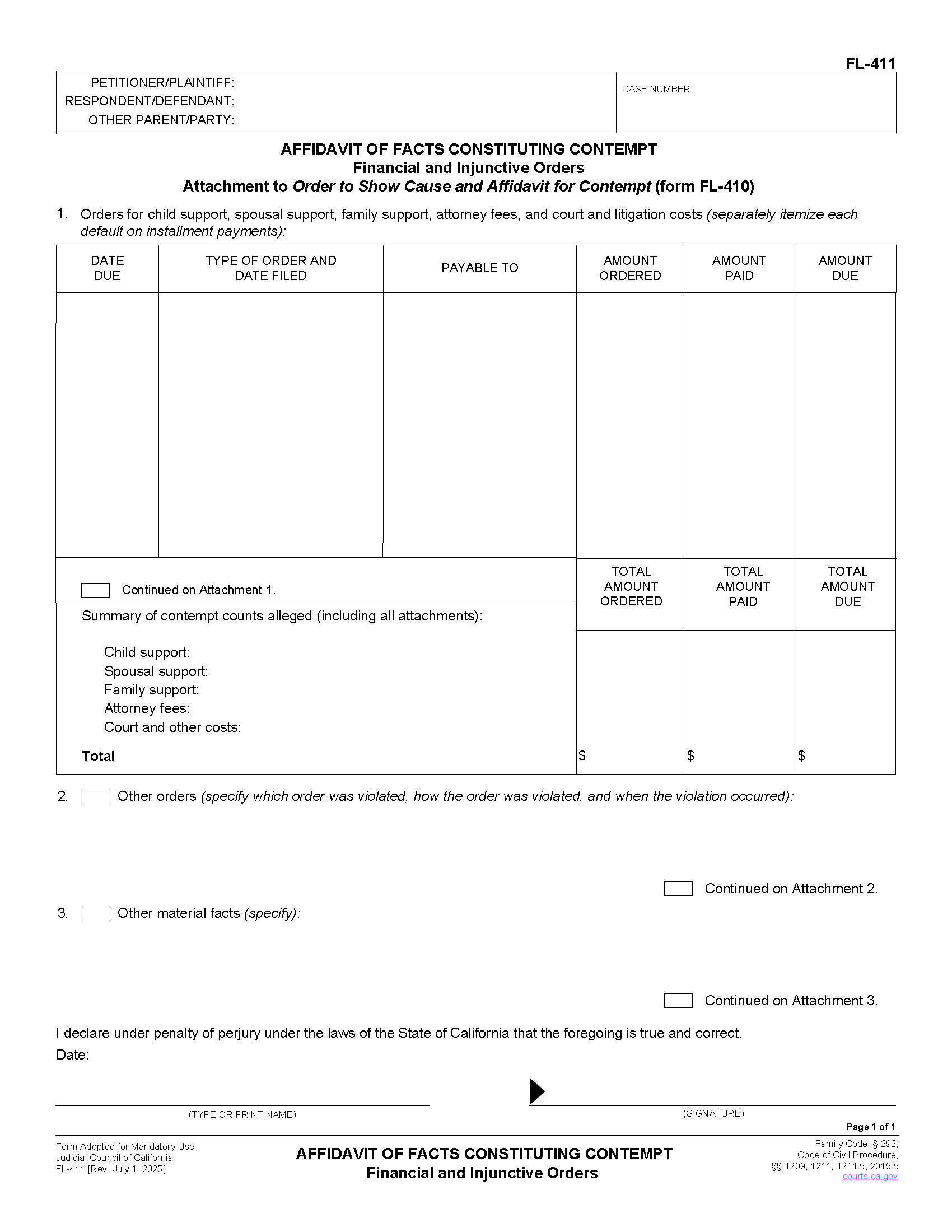 Affidavit Of Facts Constituting Contempt (Financial And Injunctive Orders) {FL-411} | Pdf Fpdf Doc Docx | California