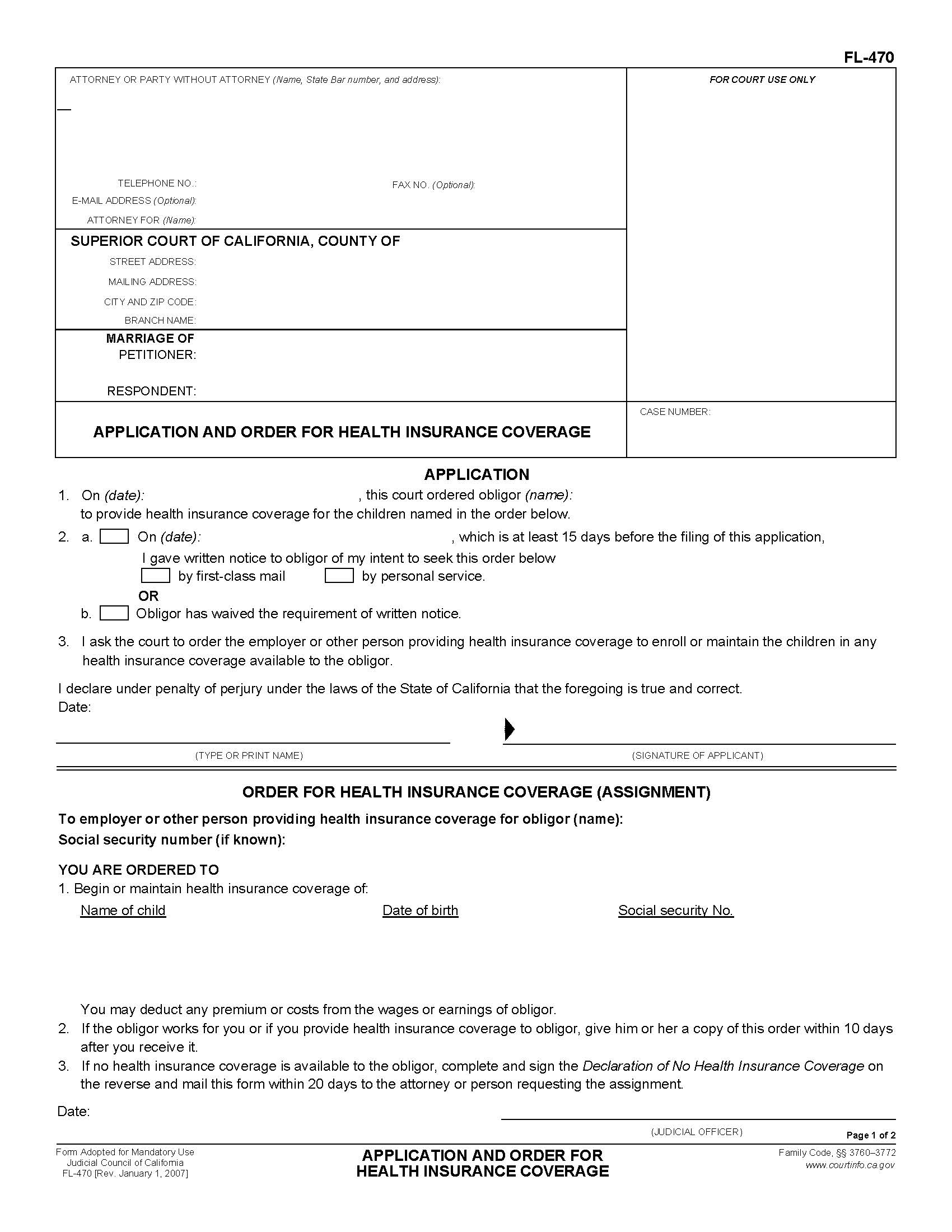Application And Order For Health Insurance Coverage {FL-470} | Pdf Fpdf Doc Docx | California