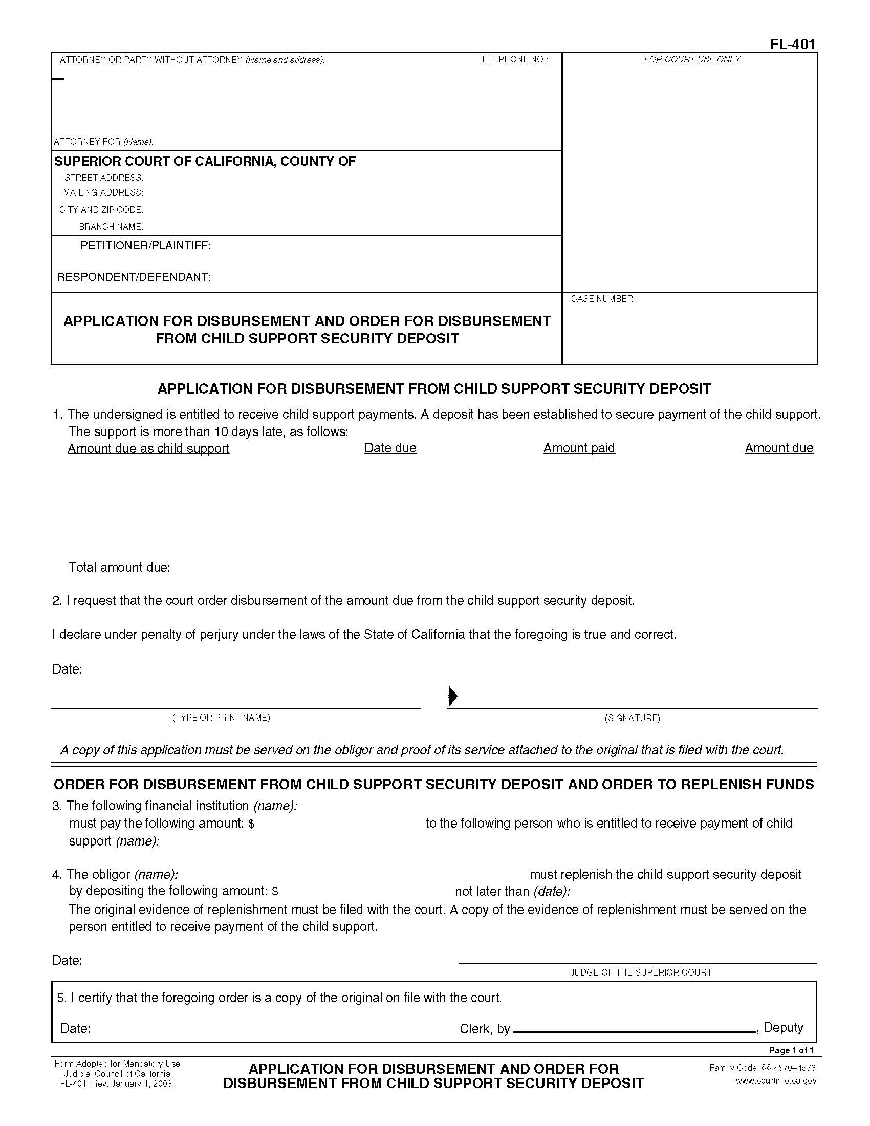 Application For Disbursement And Order For Disbursement From Child Support Security Deposit {FL-401} | Pdf Fpdf Doc Docx | California