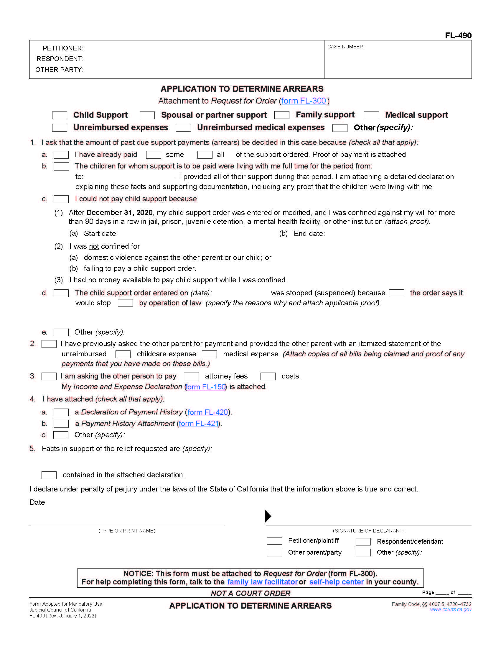 Application To Determine Arrears {FL-490} | Pdf Fpdf Doc Docx | California
