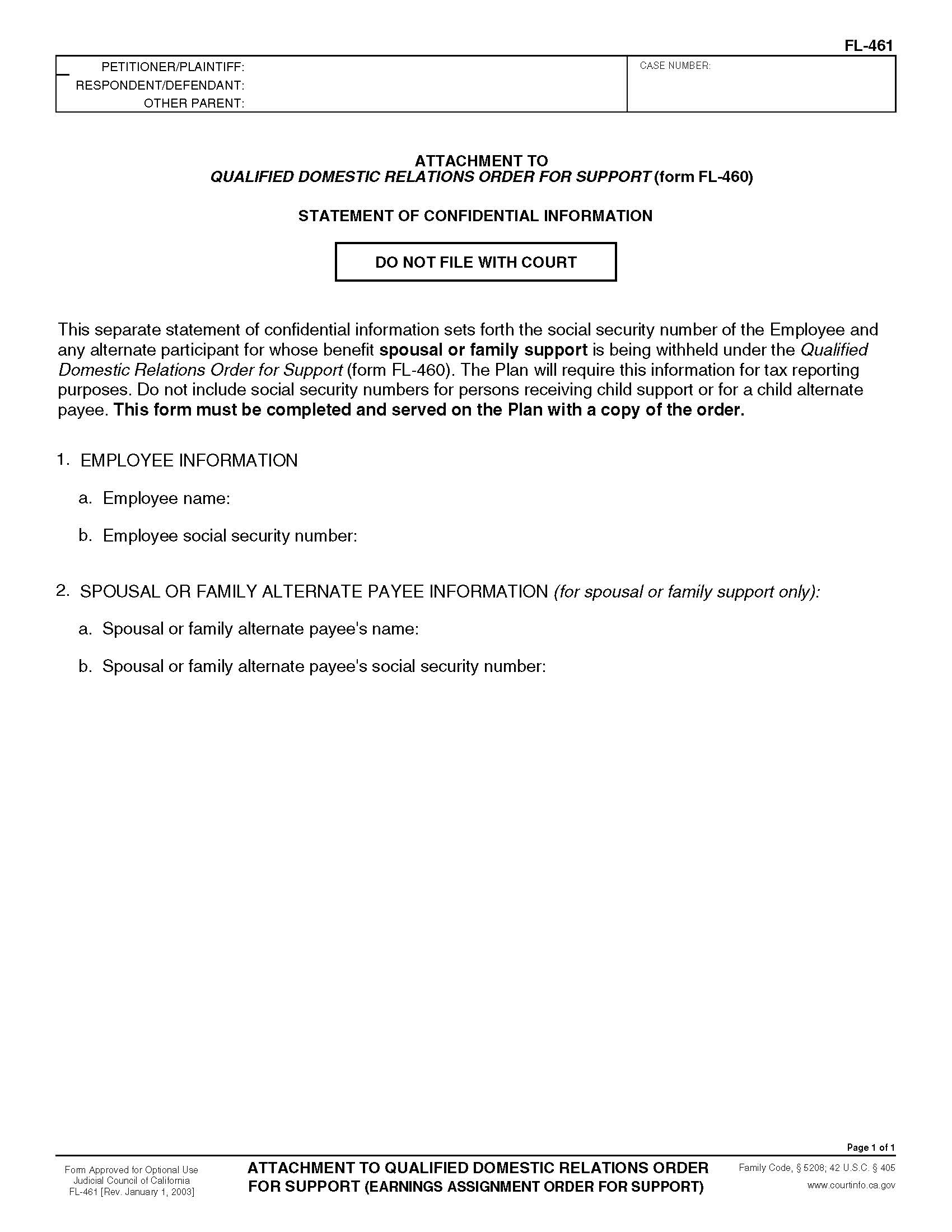 Attachment To Qualified Domestic Relations Order For Support (Earnings Assignment Order For Support) {FL-461} | Pdf Fpdf Doc Docx | California