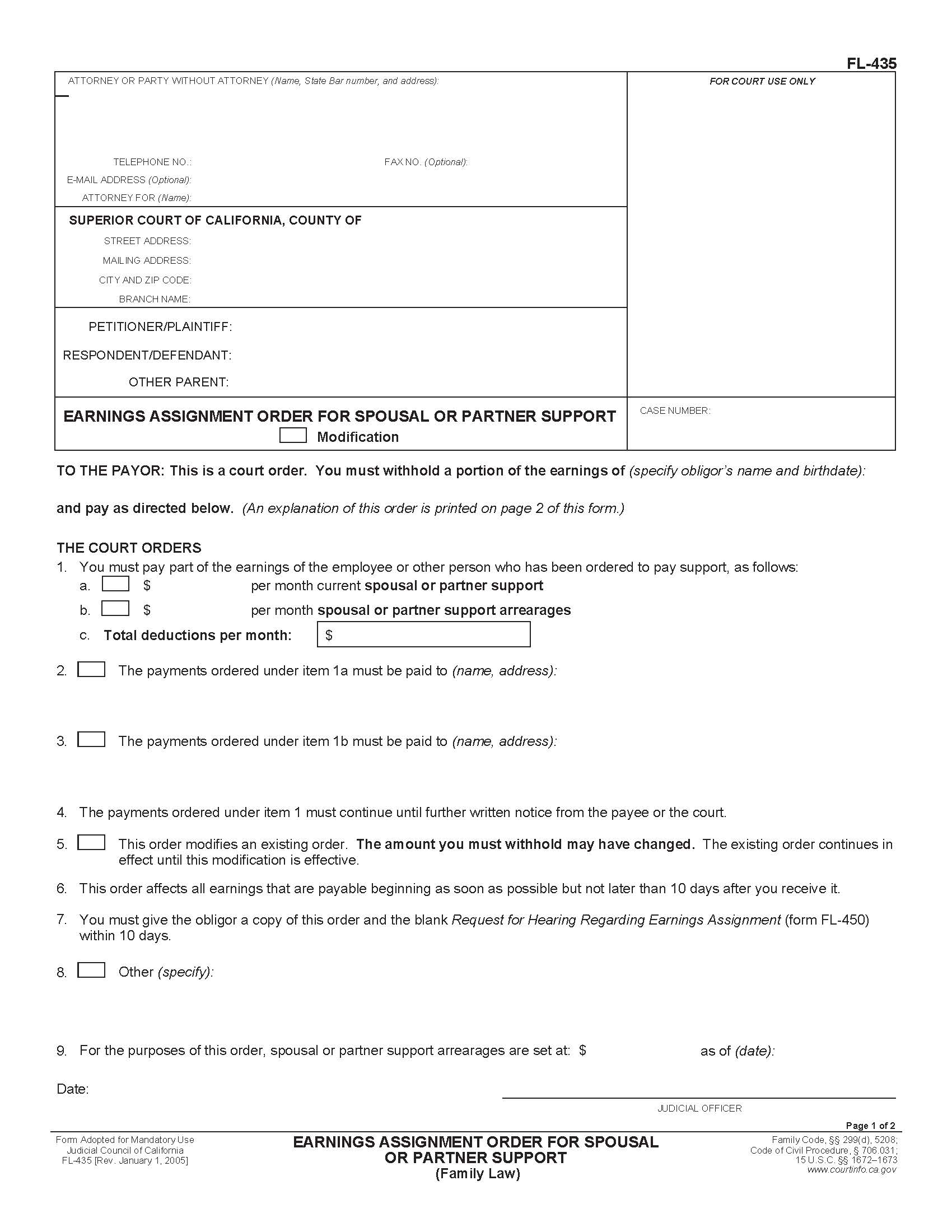 Earnings Assignment Order For Spousal Or Partner Support (Family Law) {FL-435} | Pdf Fpdf Doc Docx | California