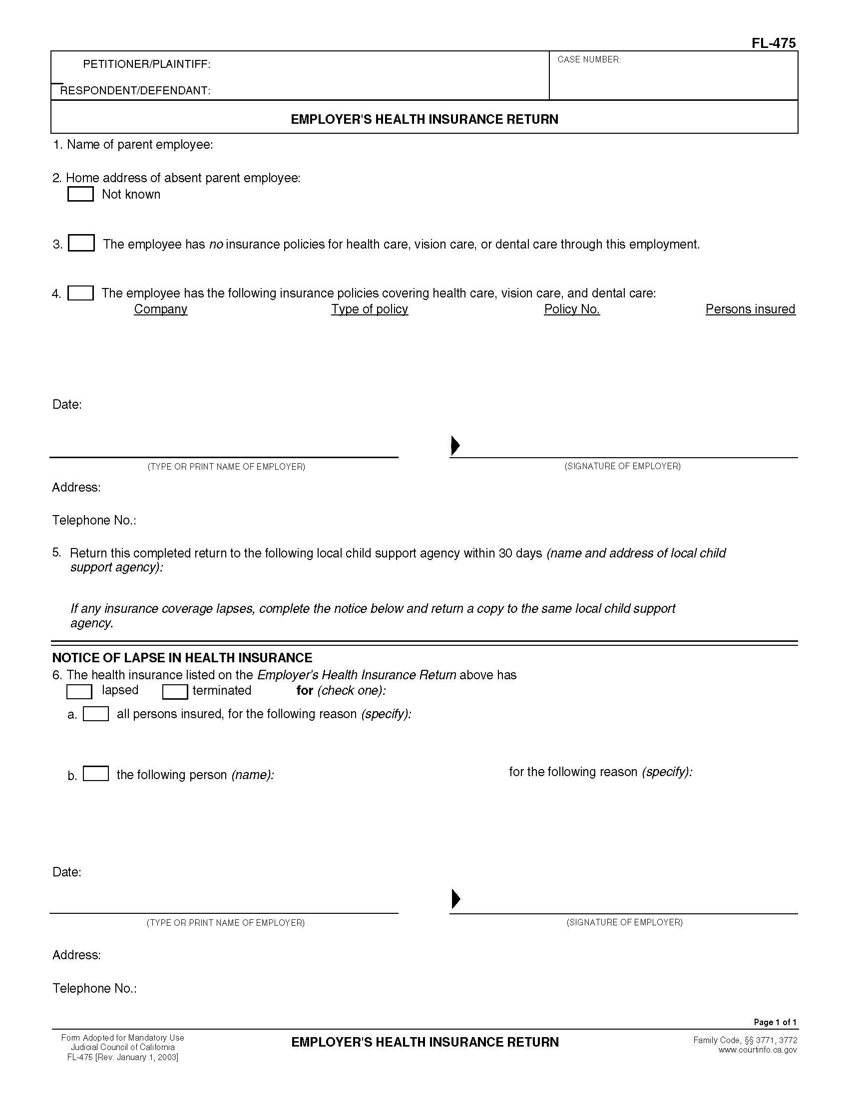 Employers Health Insurance Return {FL-475} | Pdf Fpdf Doc Docx | California