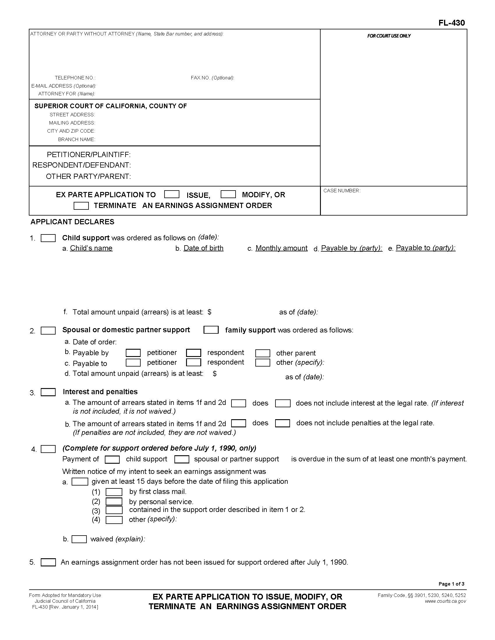 Ex Parte Application To Issue Modify Or Terminate And Earnings Assignment Order {FL-430} | Pdf Fpdf Doc Docx | California