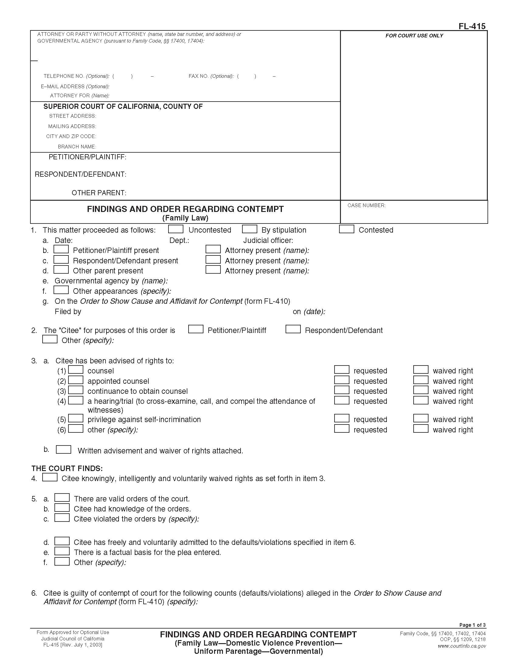 Findings And Order Regarding Contempt (Family Law-Domestic Violence Prevention-Uniform Parentage-Governmental) {FL-415} | Pdf Fpdf Doc Docx | California