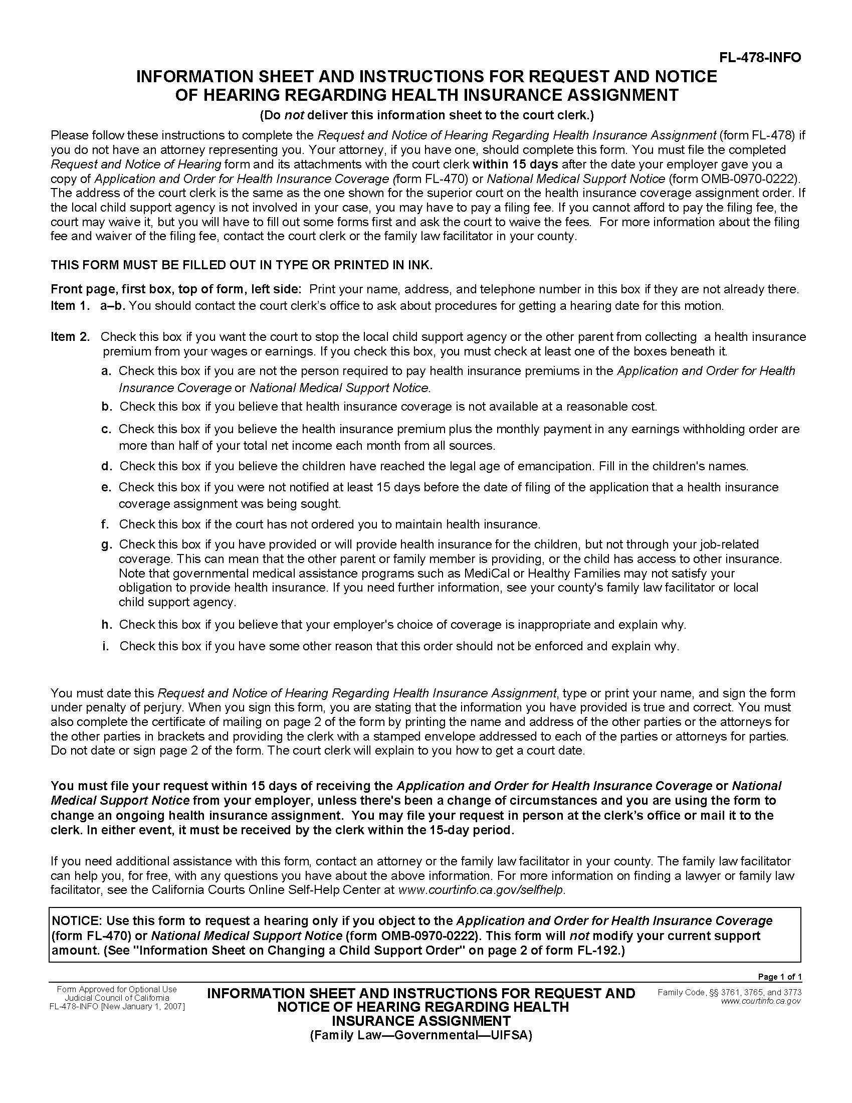 Information Sheet And Instructions For Request And Notice Of Hearing Regarding Health Insurance Assignment {FL-478-INFO} | Pdf Doc Docx | California
