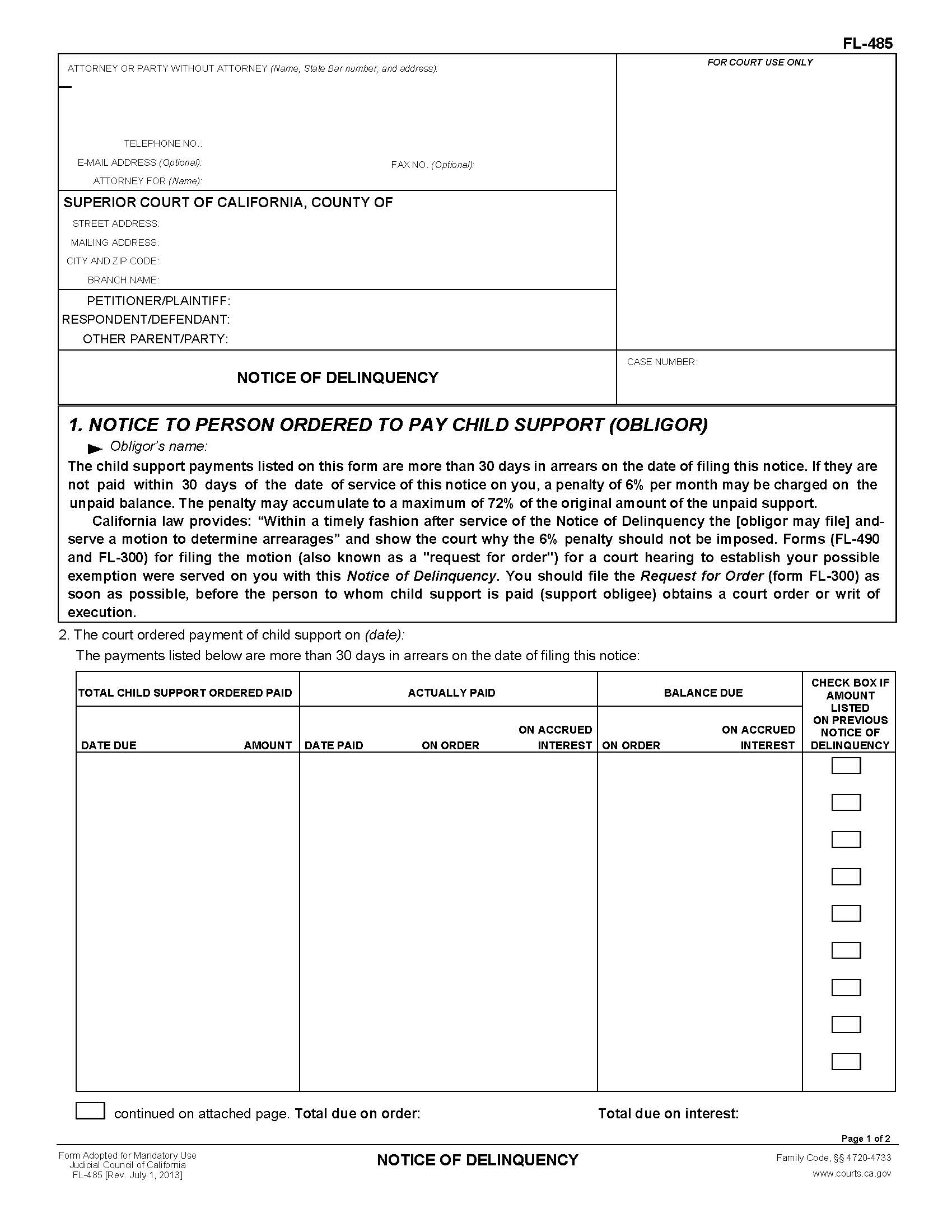 Notice Of Delinquency {FL-485} | Pdf Fpdf Doc Docx | California