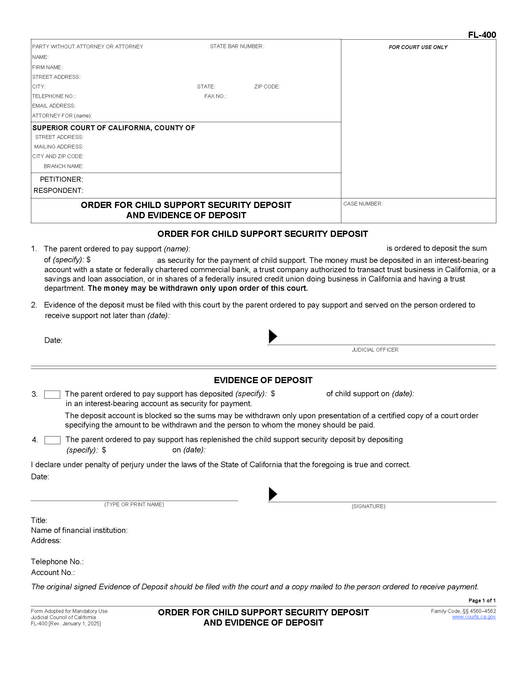 Order For Child Support Security Deposit And Evidence Of Deposit {FL-400} | Pdf Fpdf Doc Docx | California