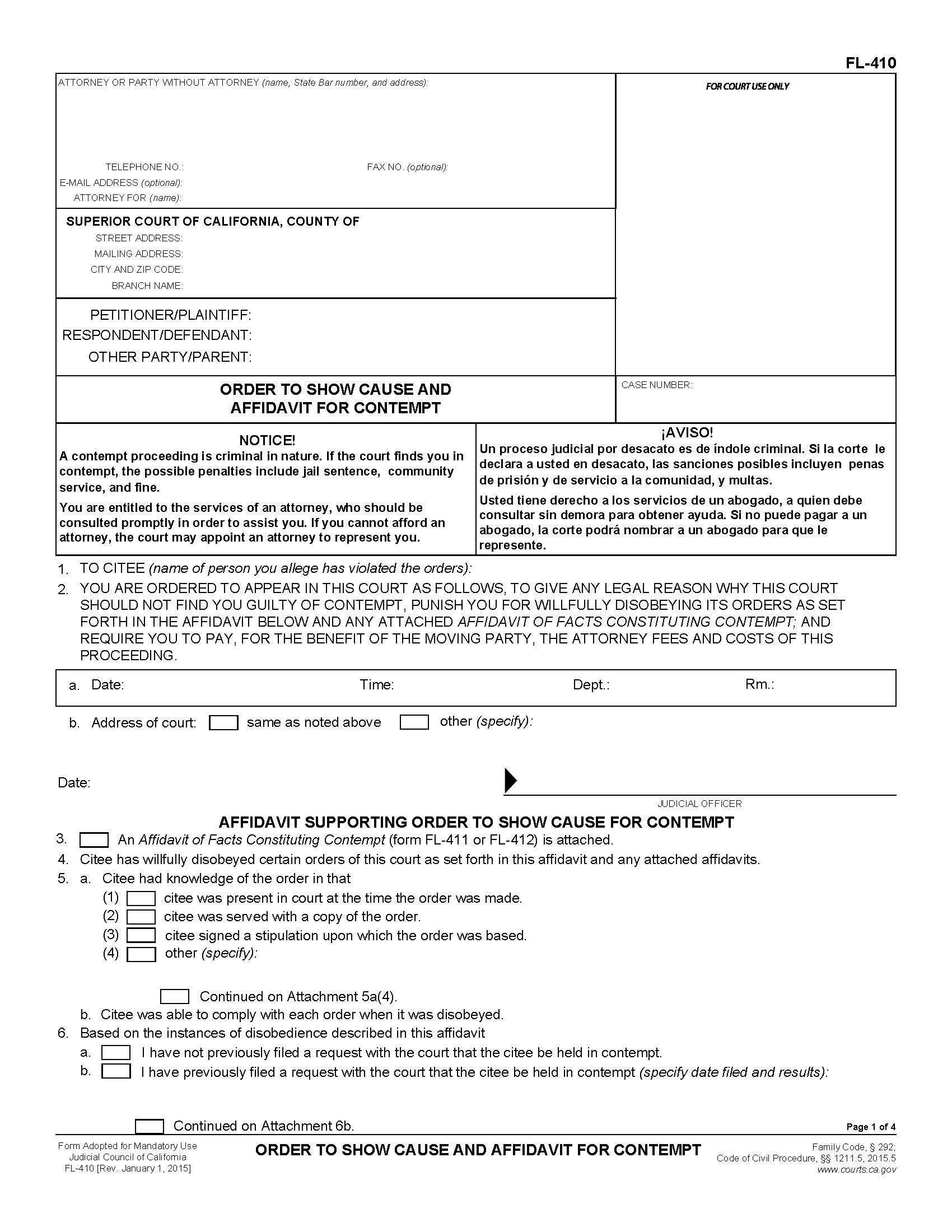 Order To Show Cause And Affidavit For Contempt {FL-410} | Pdf Fpdf Doc Docx | California