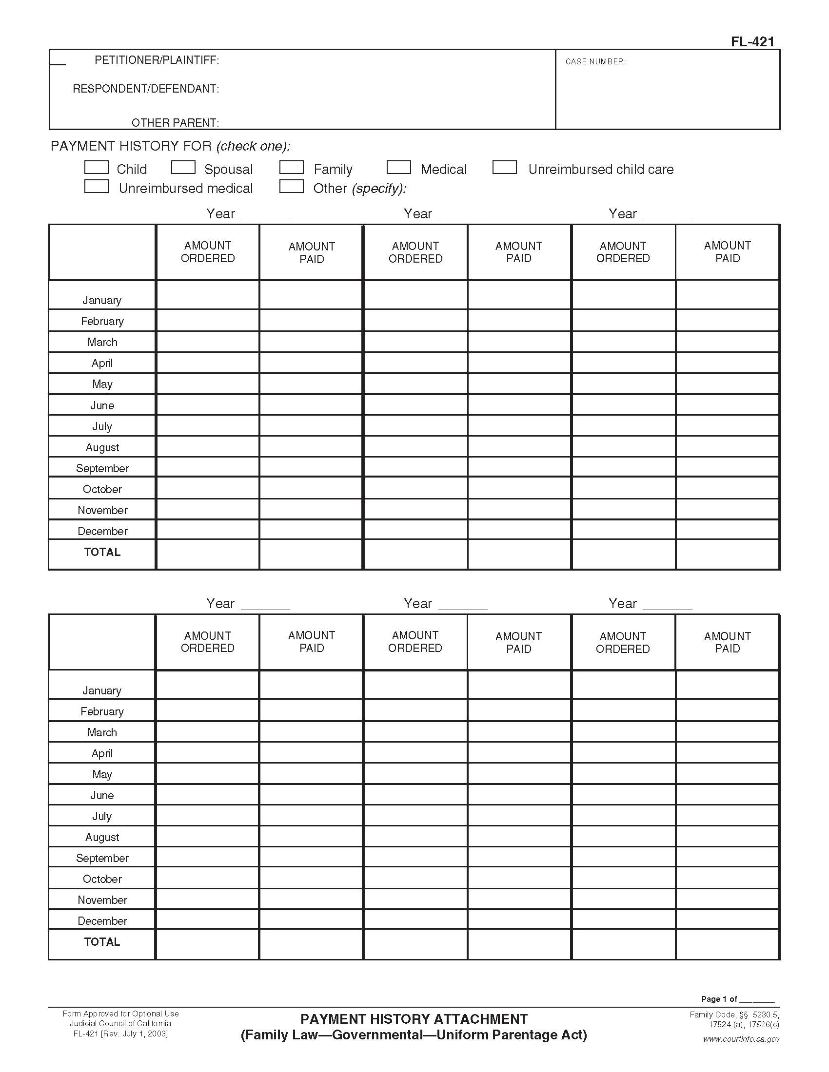 Payment History Attachment (Family Law-Governmental-Uniform Parentage Act) {FL-421} | Pdf Fpdf Doc Docx | California