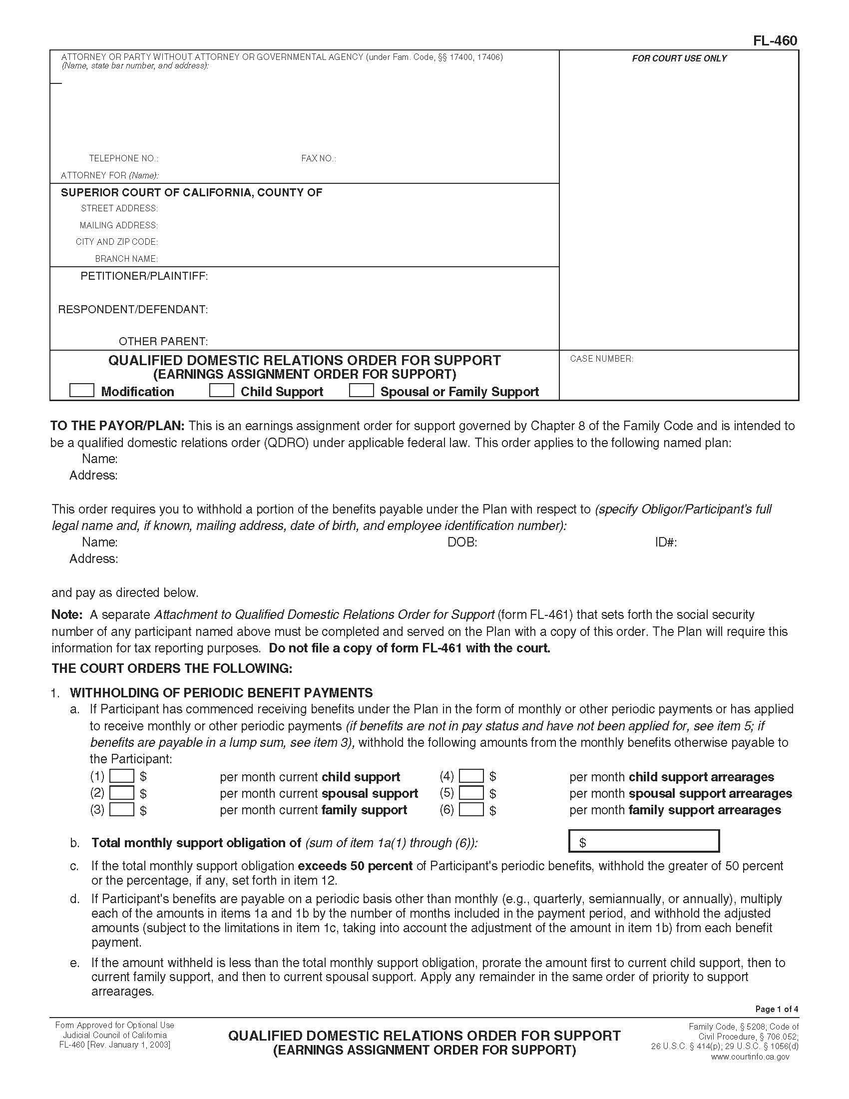Qualified Domestic Relations Order For Support (Earnings Assignment Order For Support) {FL-460} | Pdf Fpdf Doc Docx | California