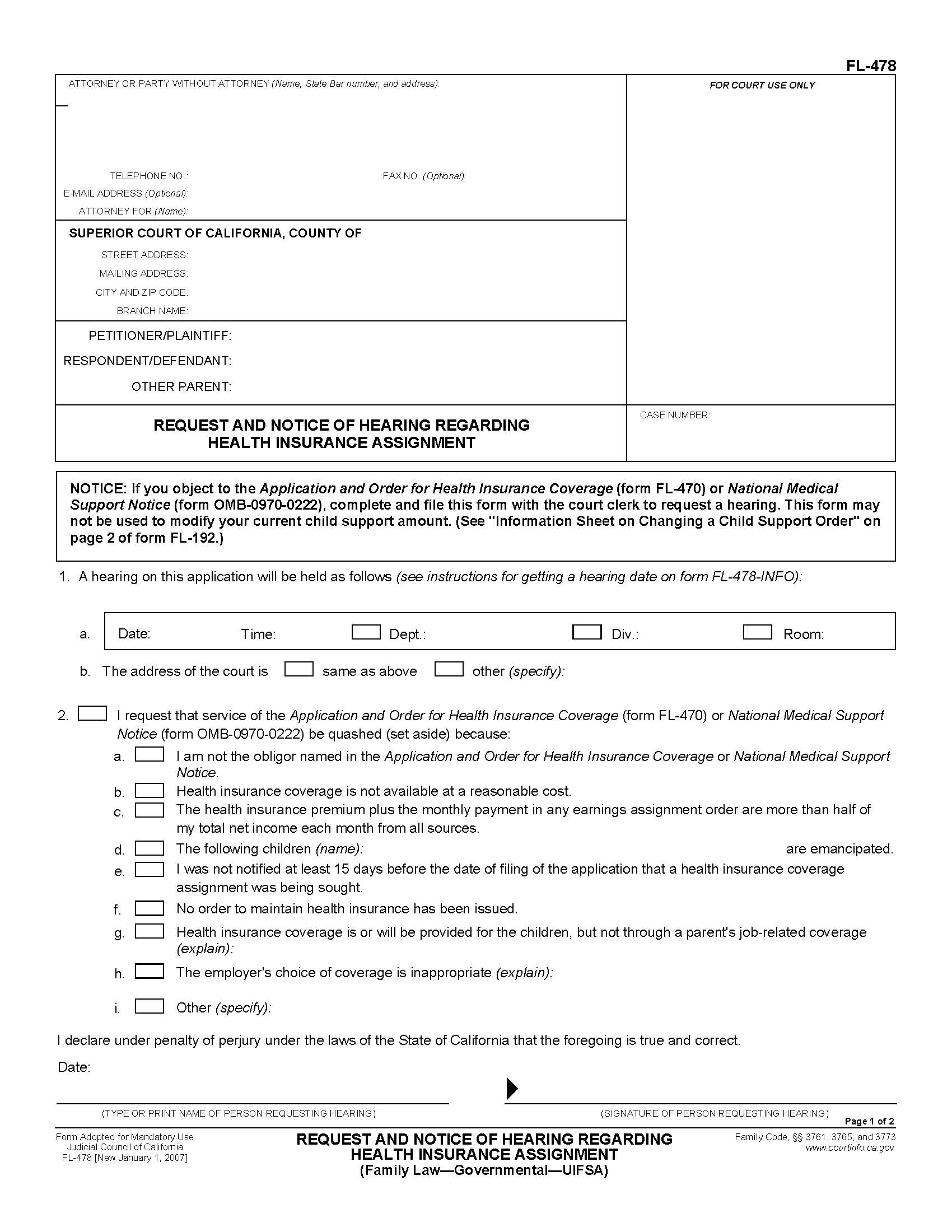 Request And Notice Of Hearing Regarding Health Insurance Assignment {FL-478} | Pdf Fpdf Doc Docx | California