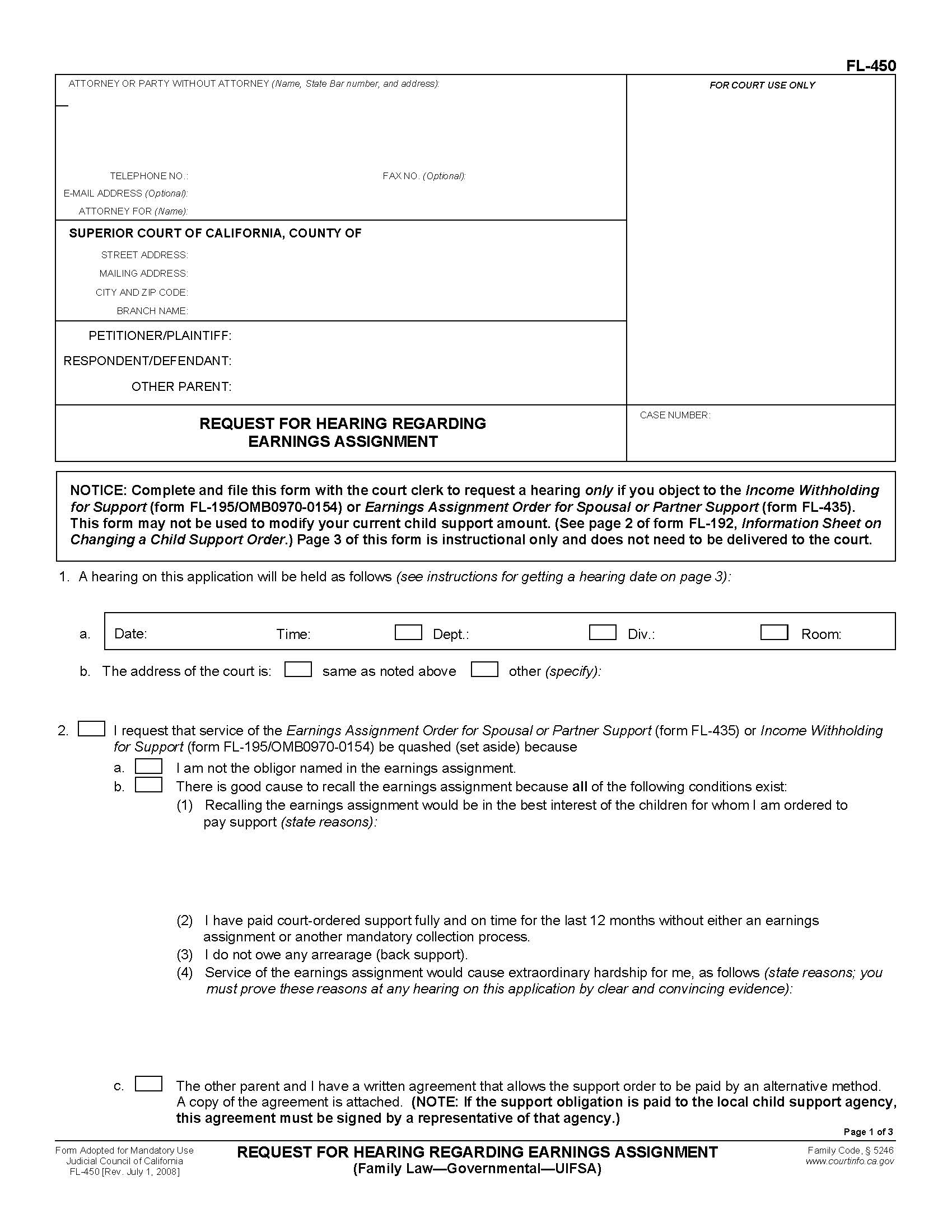Request For Hearing Regarding Earnings Assignment (Family Law-Governmental-UIFSA) {FL-450} | Pdf Fpdf Doc Docx | California