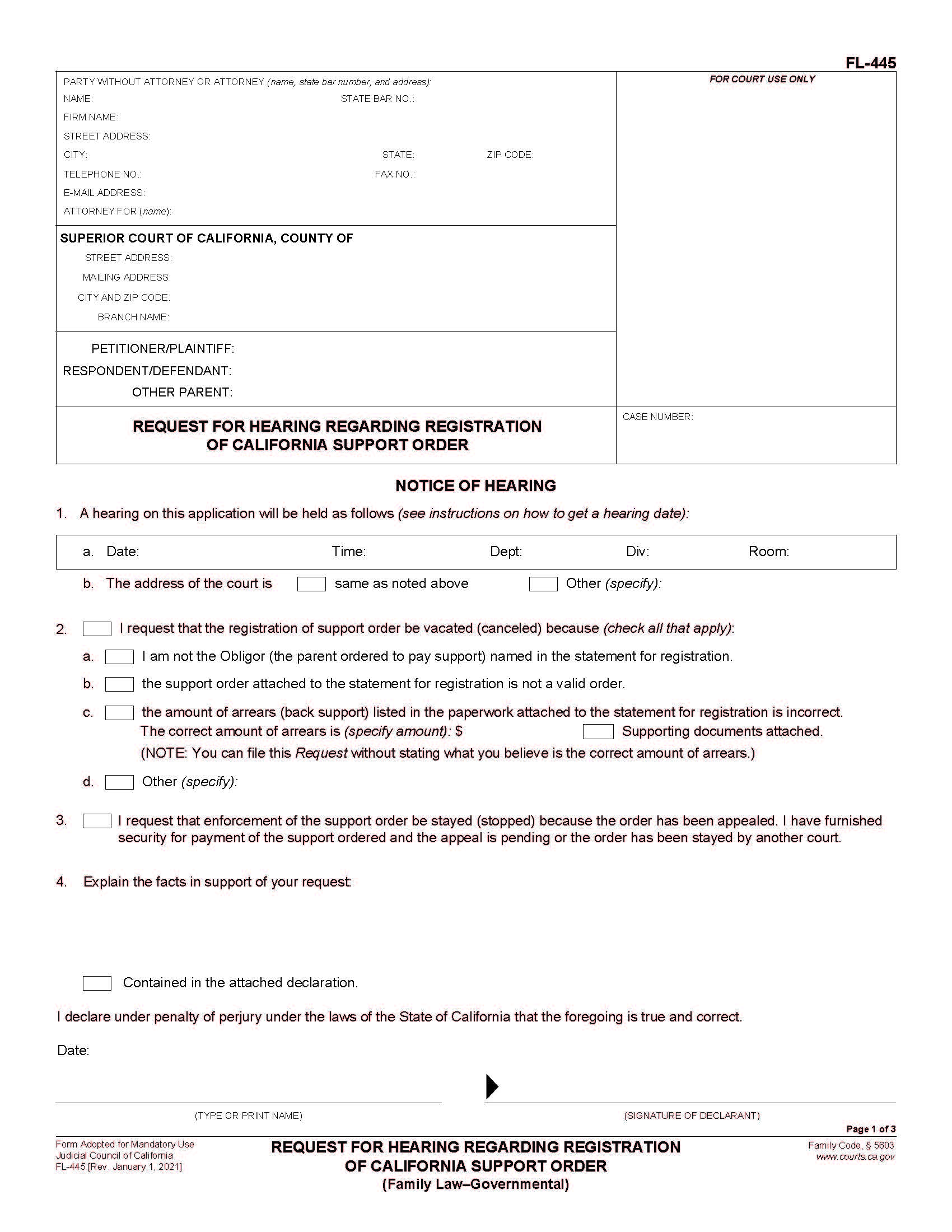 Request For Hearing Regarding Registration Of California Support Order {FL-445} | Pdf Fpdf Docx | California