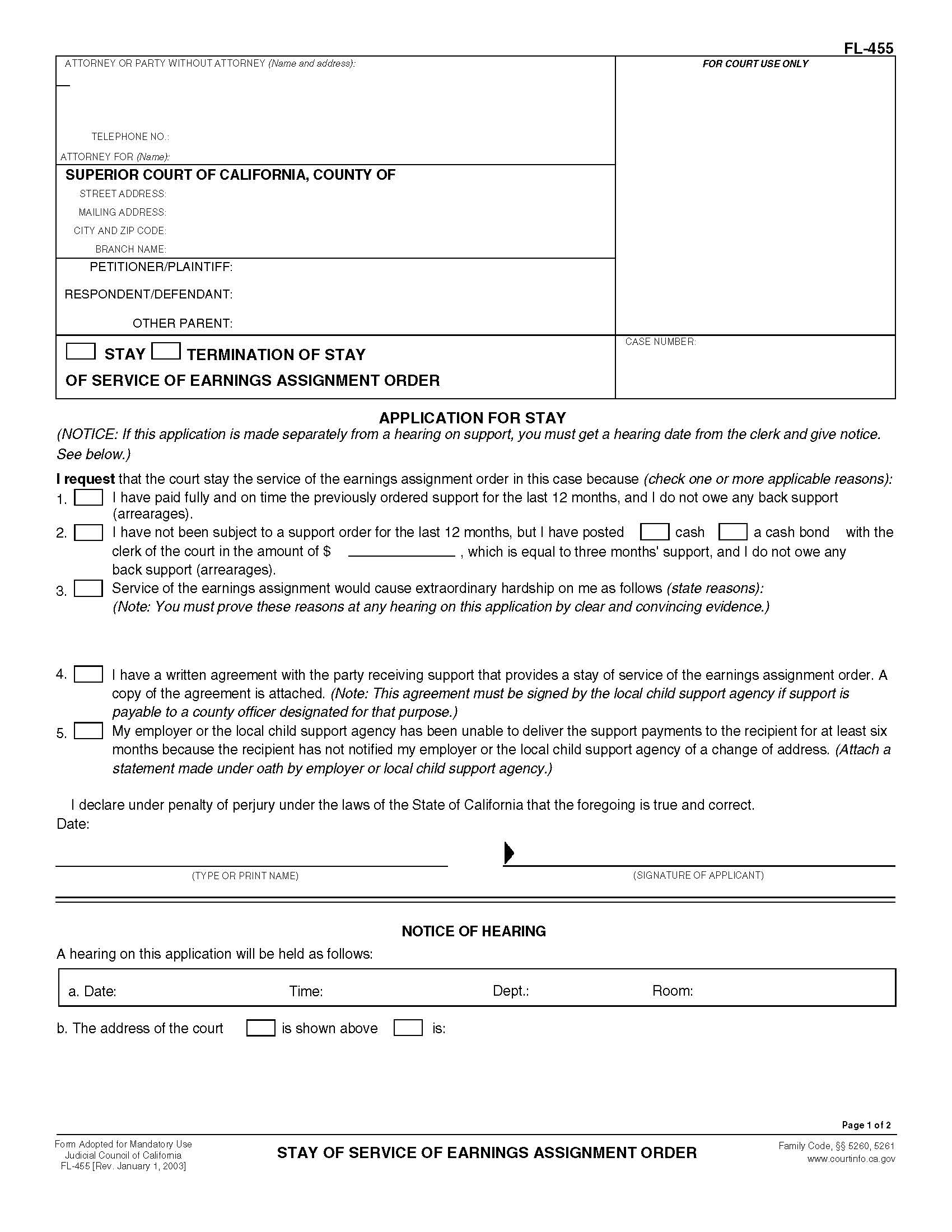 Stay Of Service Of Earnings Assignment And Order {FL-455} | Pdf Fpdf Doc Docx | California
