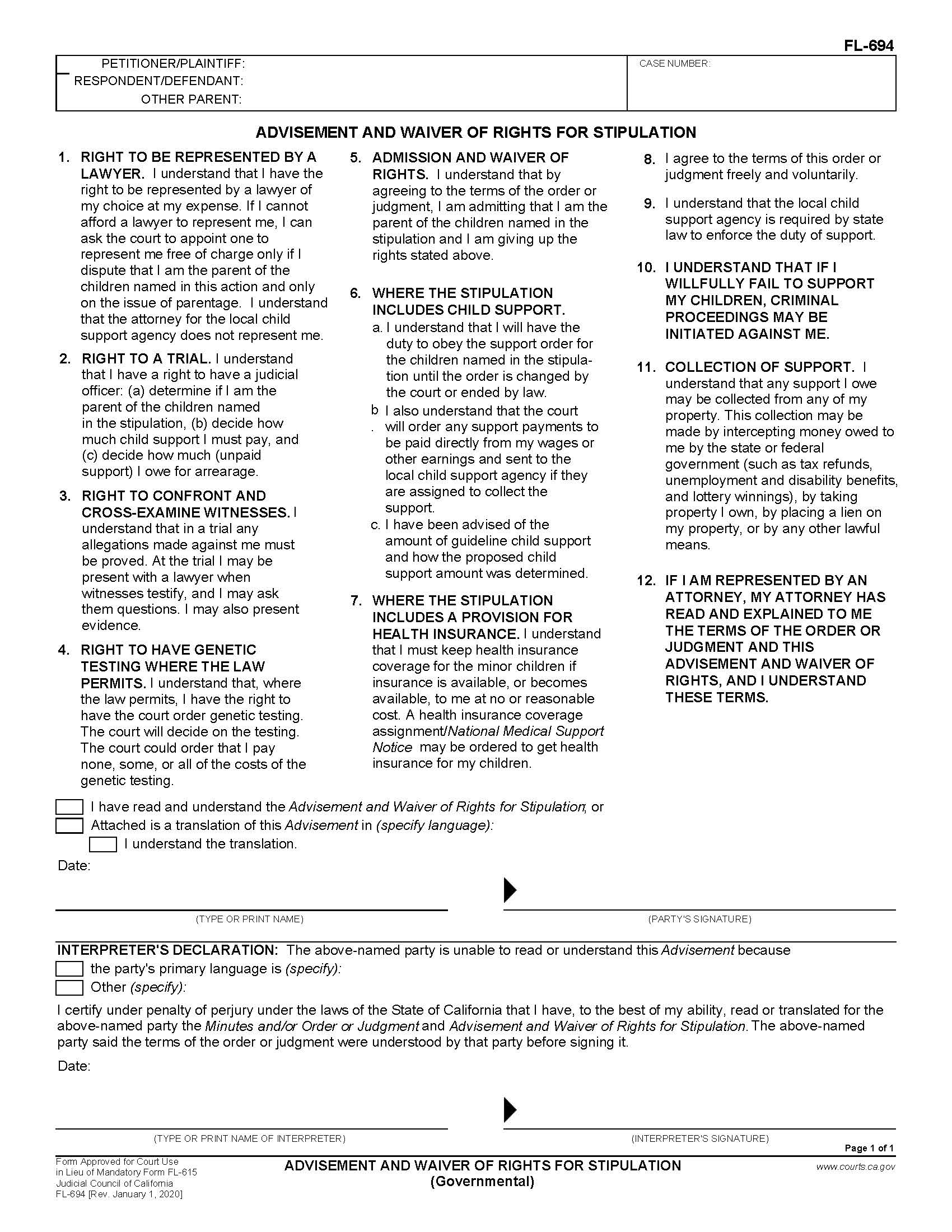Advisement And Waiver Of Rights For Stipulation (Governmental) {FL-694} | Pdf Fpdf Doc Docx | California