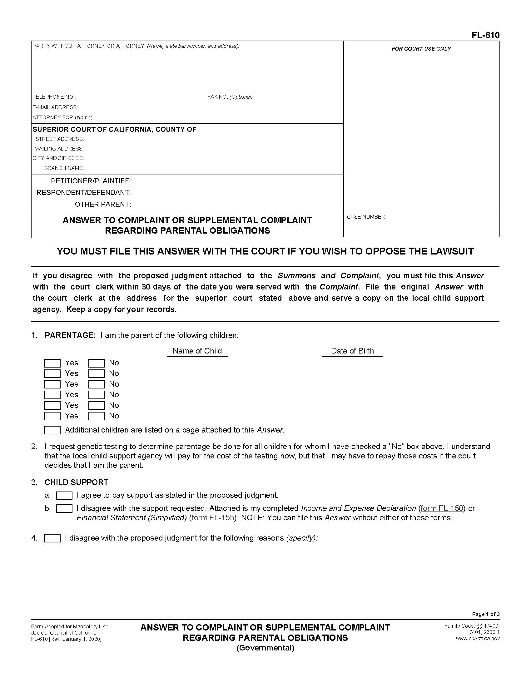 Answer To Complaint Or Supplemental Complaint Regarding Parental Obligations (Governmental) {FL-610} | Pdf Fpdf Doc Docx | California