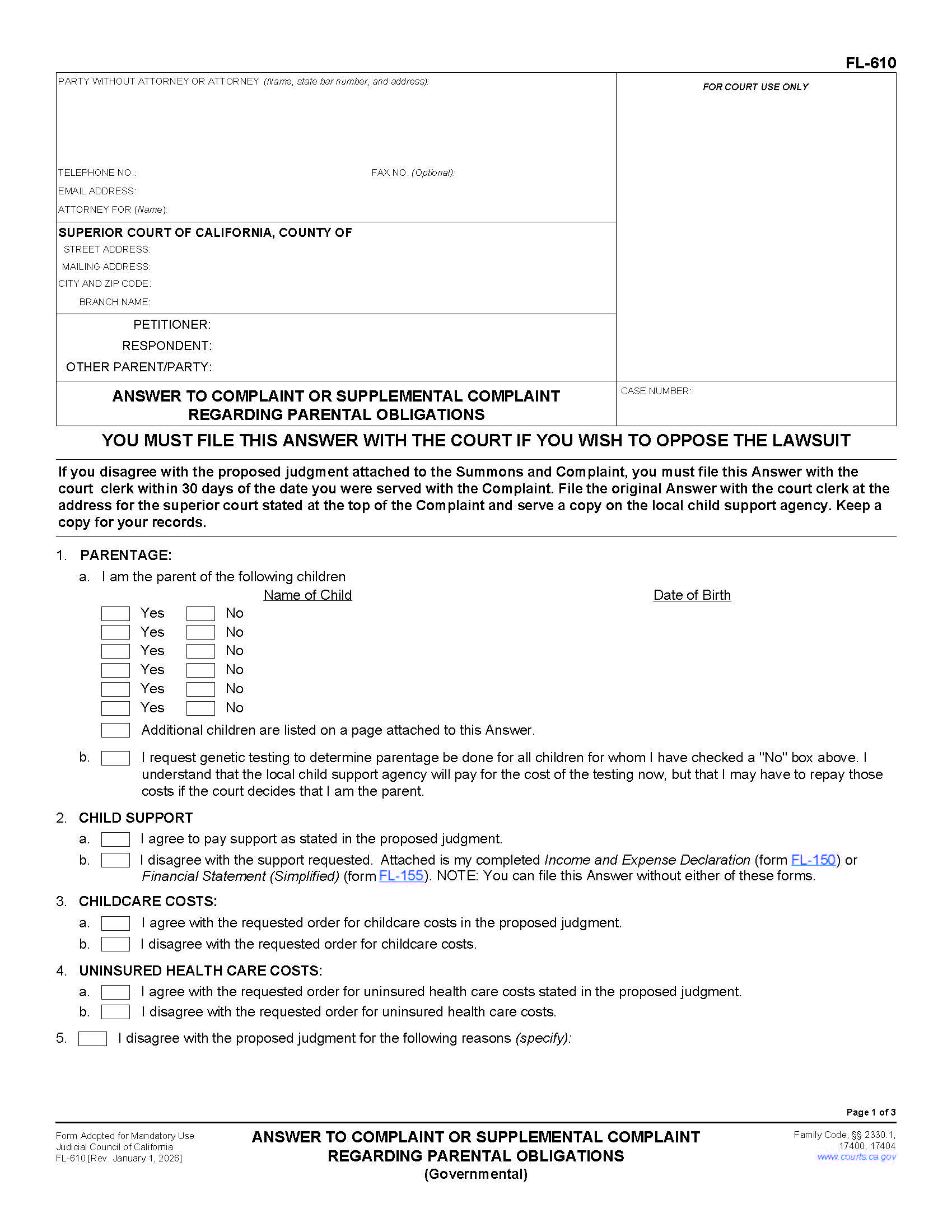 Answer To Complaint Or Supplemental Complaint Regarding Parental Obligations (Governmental) {FL-610} | Pdf Fpdf Doc Docx | California