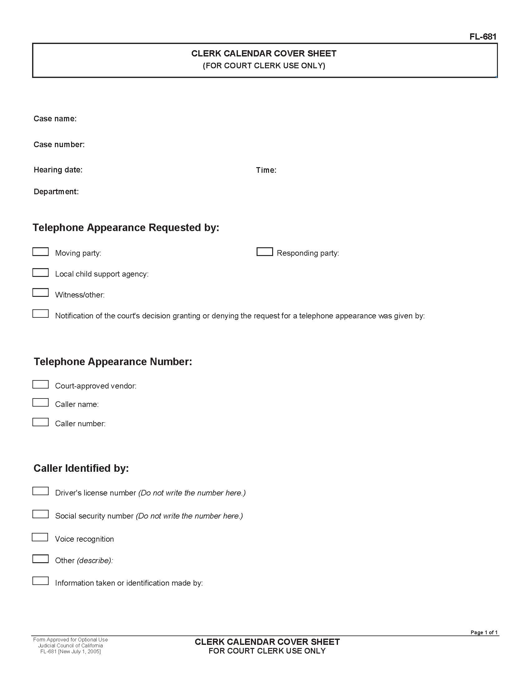 Clerk Calendar Cover Sheet For Court Clerk Use Only {FL-681} | Pdf Fpdf Doc Docx | California