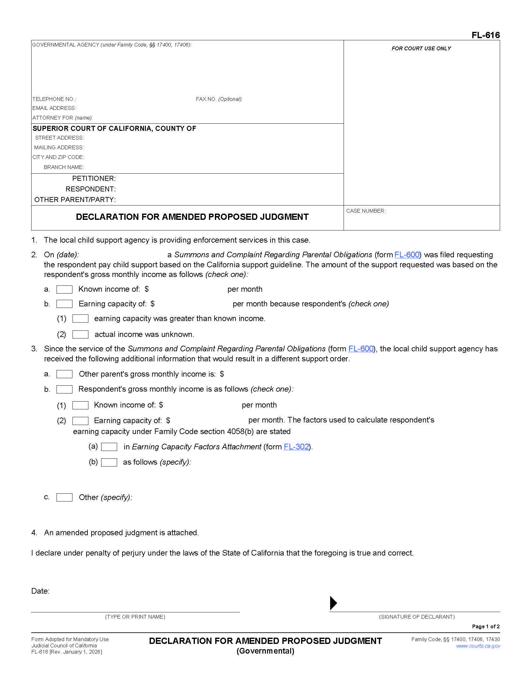 Declaration For Amended Proposed Judgment (Governmental) {FL-616} | Pdf Fpdf Doc Docx | California