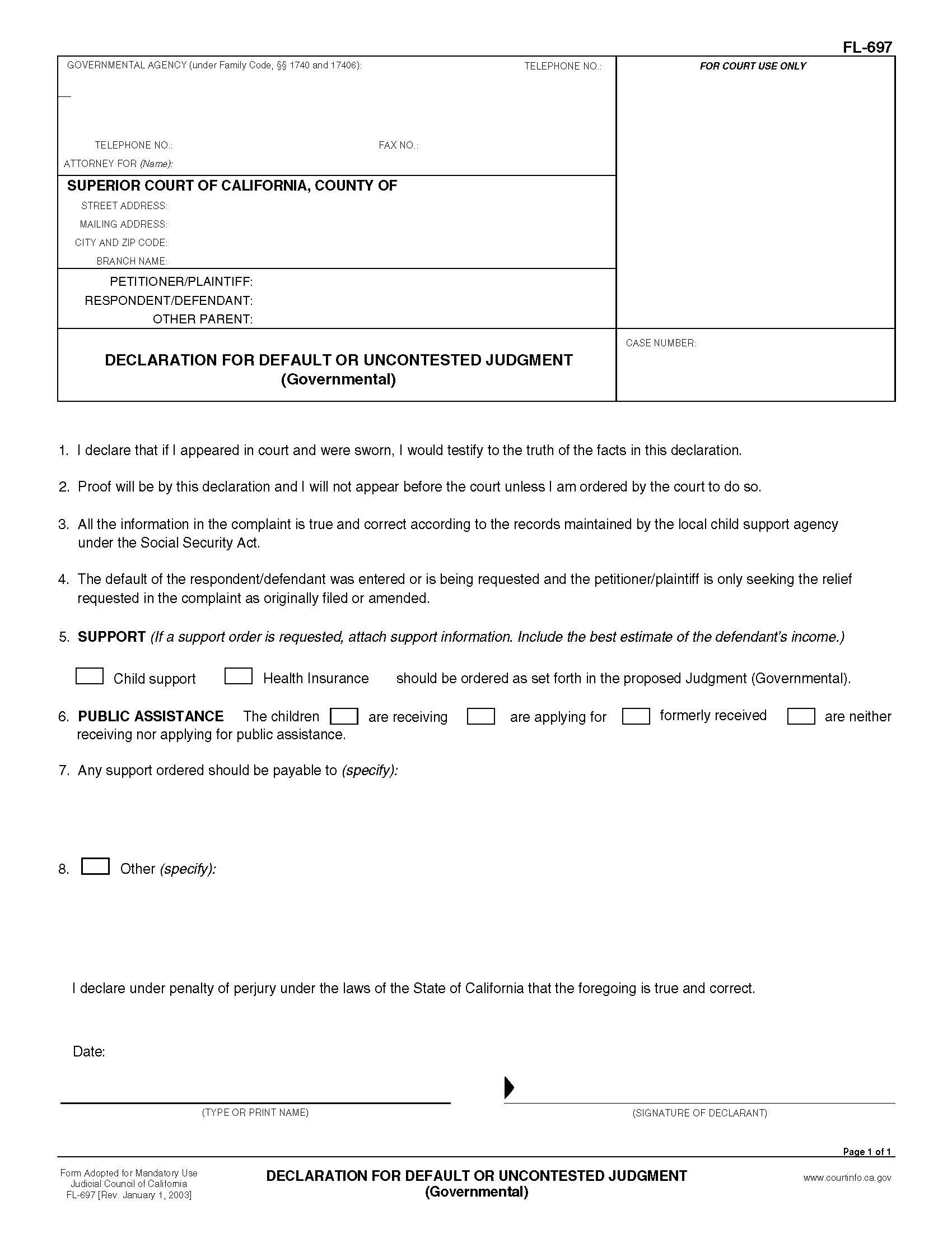 Declaration For Default Or Uncontested Judgment (Governmental) {FL-697} | Pdf Fpdf Doc Docx | California