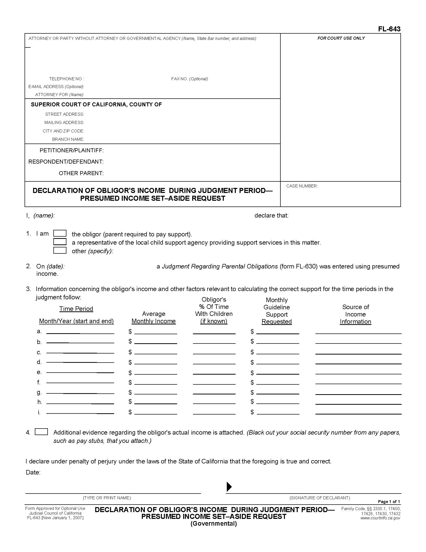 Declaration Of Obligors Income During Judgment Period-Presumed Income Set-Aside Request {FL-643} | Pdf Fpdf Doc Docx | California