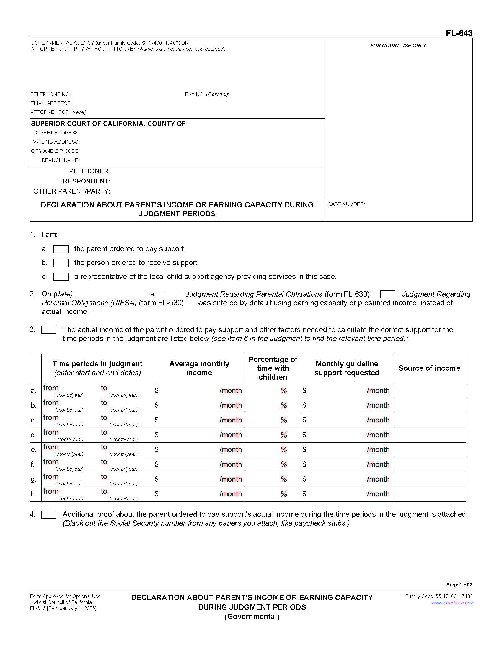 Declaration Of Obligors Income During Judgment Period-Presumed Income Set-Aside Request {FL-643} | Pdf Fpdf Doc Docx | California